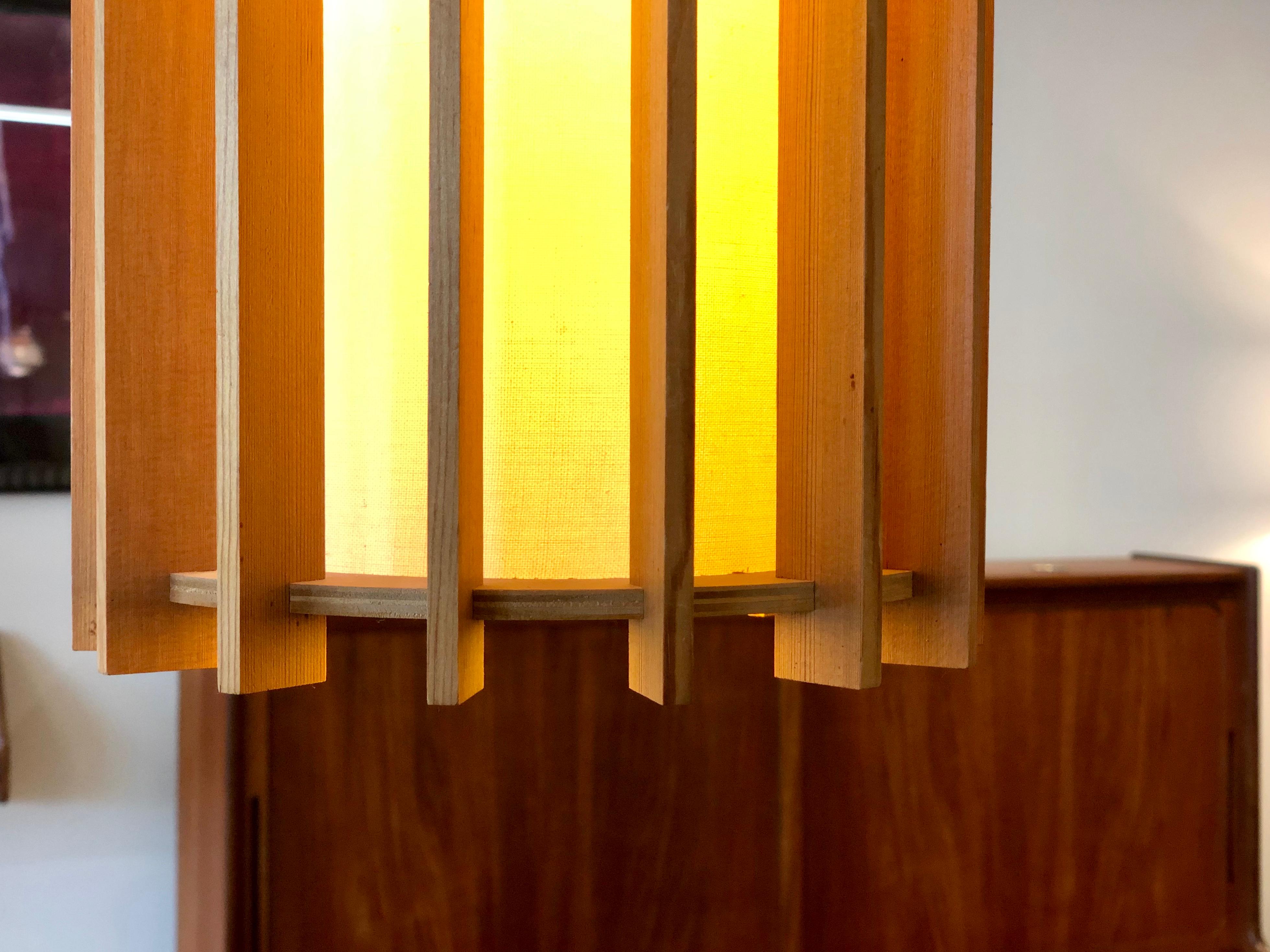 Oiled Danish Modern Pendant Light Fixture with Fir Slats