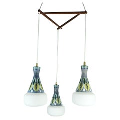 danish modern PENDANT LIGHT teak opaline glass ceramic 3-light hanging lamp 50s