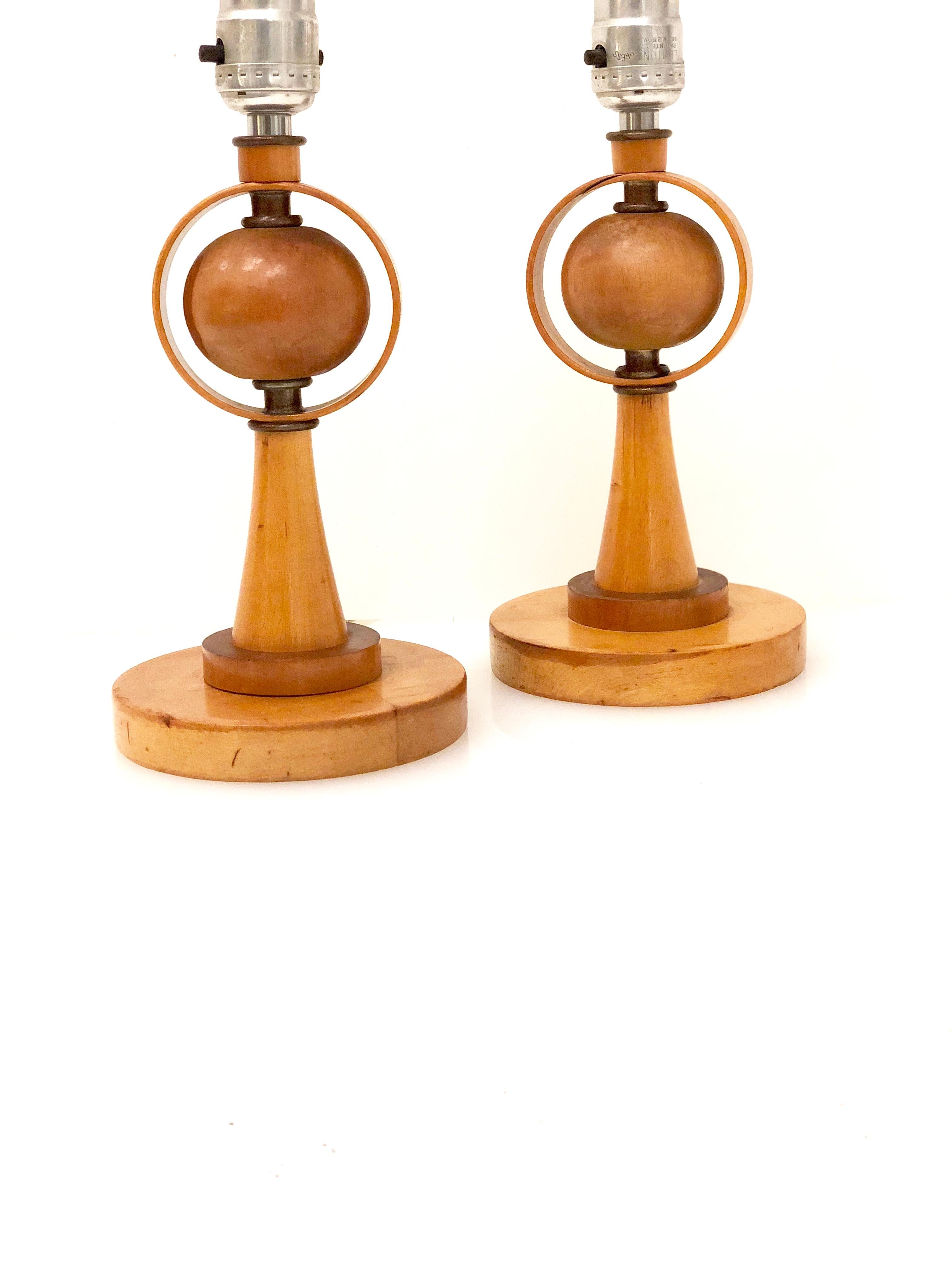 Nice pair of small table lamps in solid wood, in working condition circa 1950s solid wood details, no lamp shades. 11