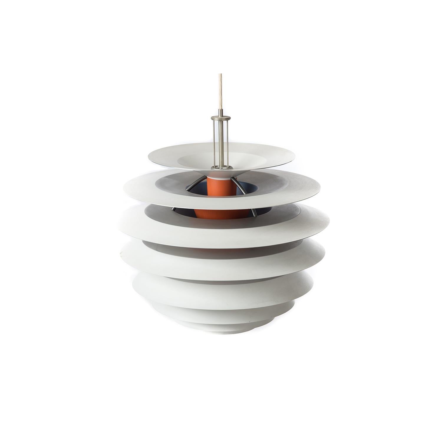 Danish modern PH Kontrast pendant lamp designed by Poul Henningsen for Louis Poulsen, Denmark. The PH Kontrast consists of ten tiers in a combination of flame orange, white and polished chrome, with blue & red accents on the interior which help