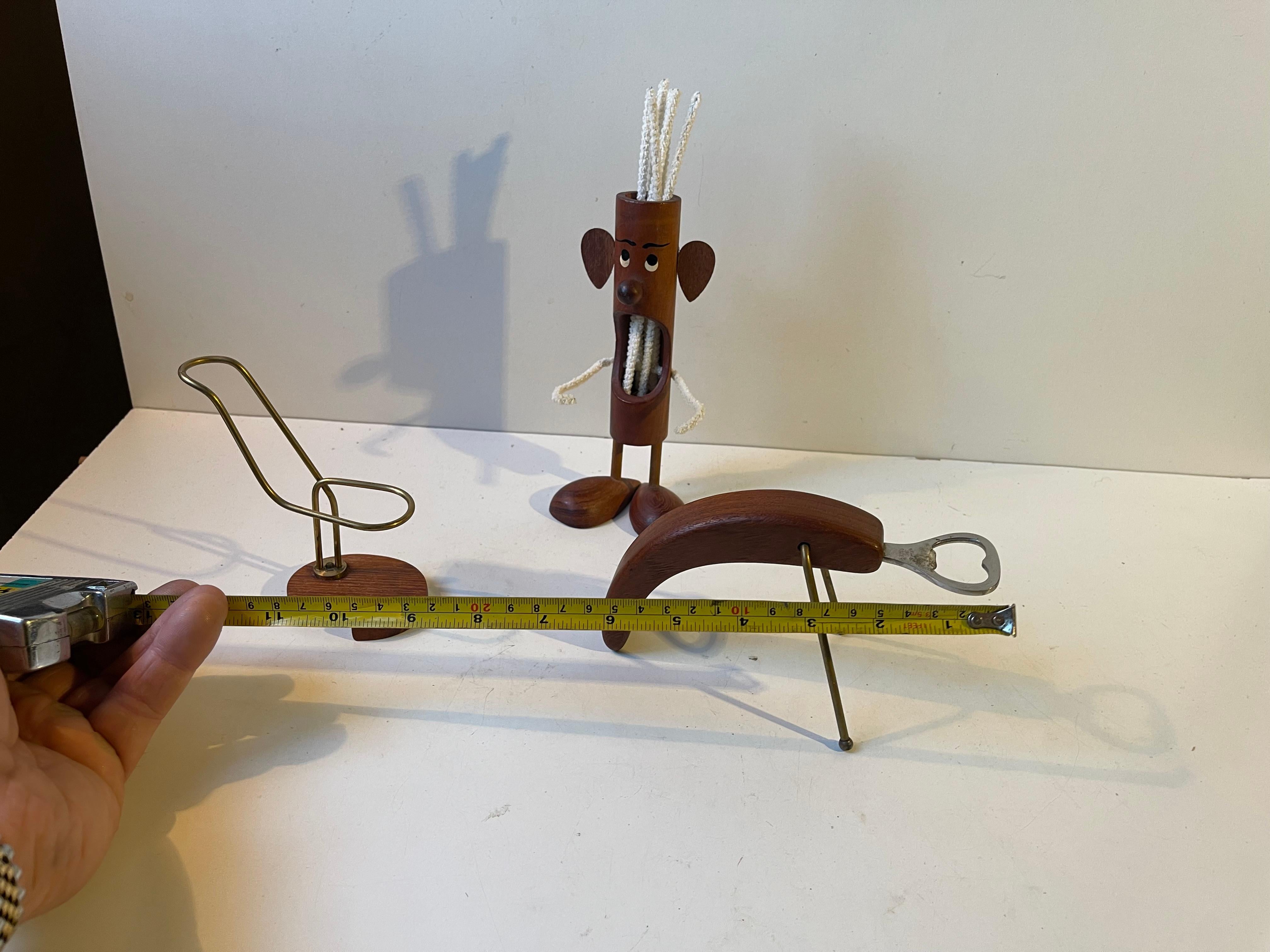 Brass Danish Modern Pipe Troll, Lobster and Pipe Rest in Teak, 1960s, Set of 3 For Sale
