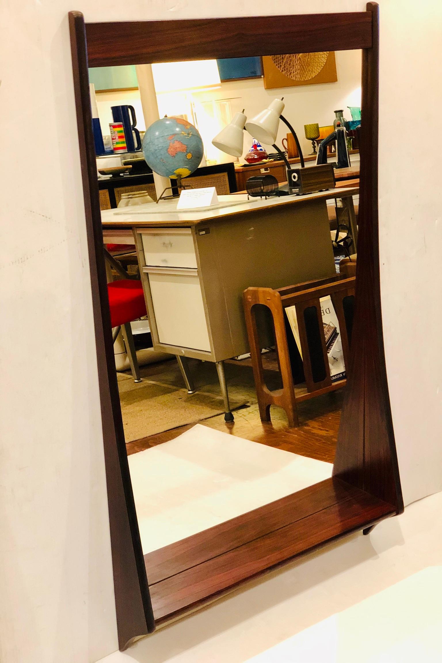Scandinavian Modern Danish Modern Rare Solid Rosewood Frame Wall Mirror with Shelf