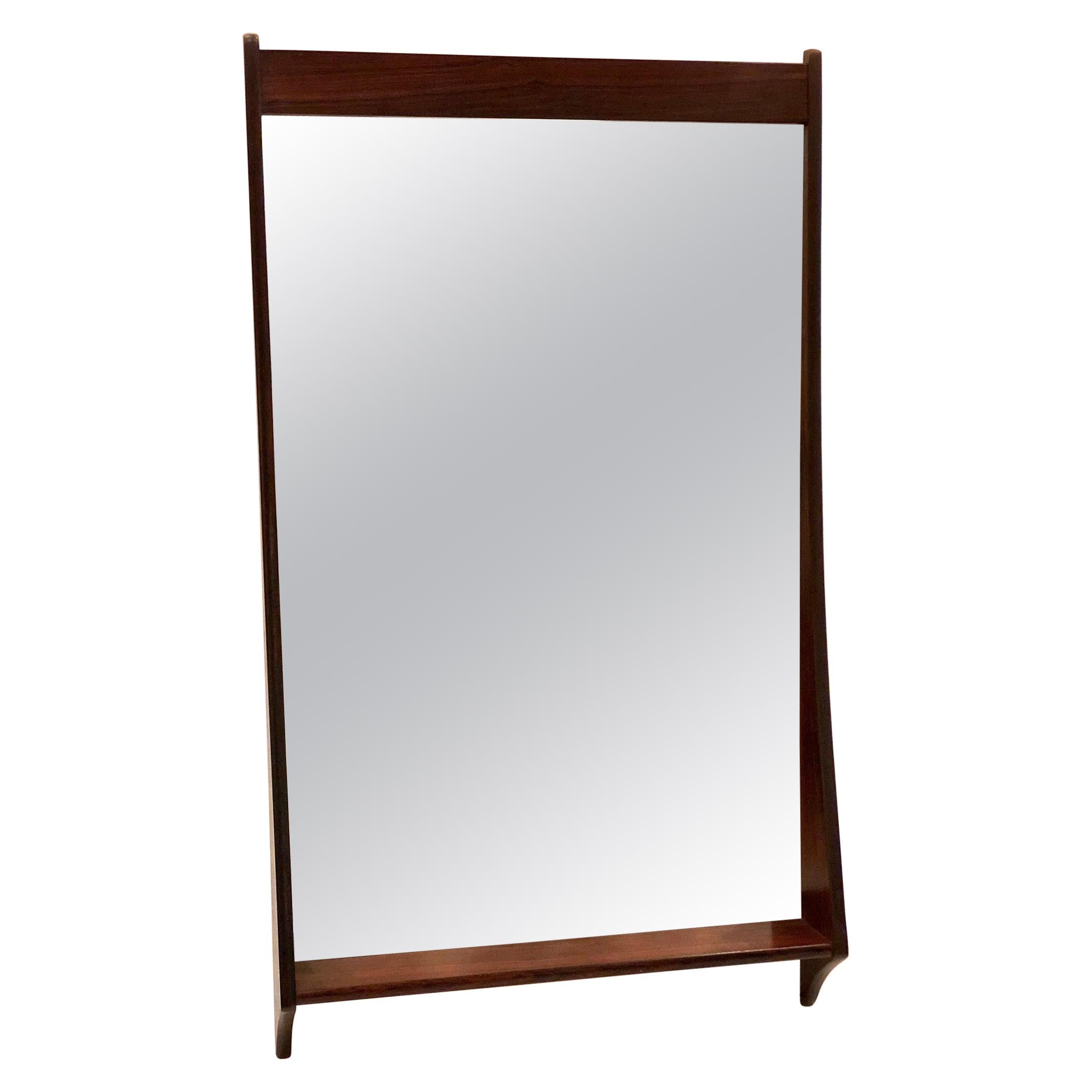 Danish Modern Rare Solid Rosewood Frame Wall Mirror with Shelf