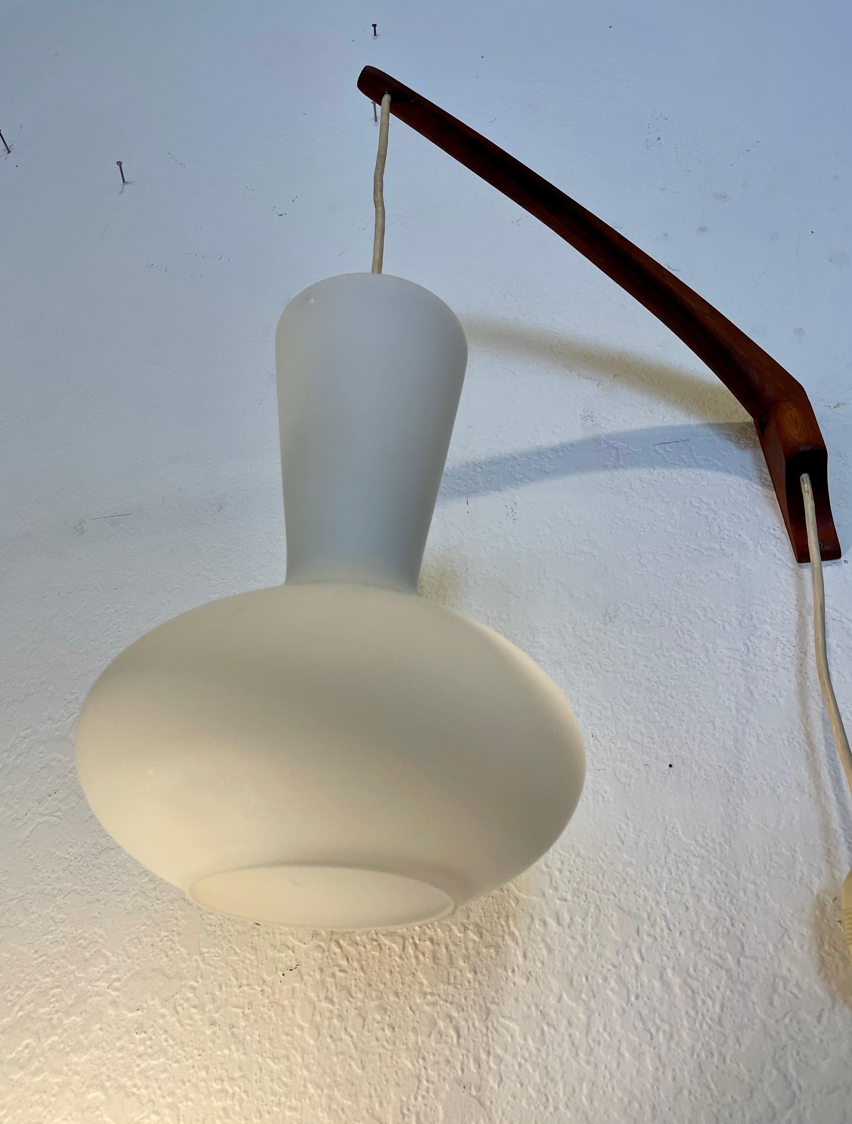 Danish Modern Rare Swag Lamp Teak Arm & Glass Shade by Lisa Johansson-Pape In Excellent Condition In San Diego, CA