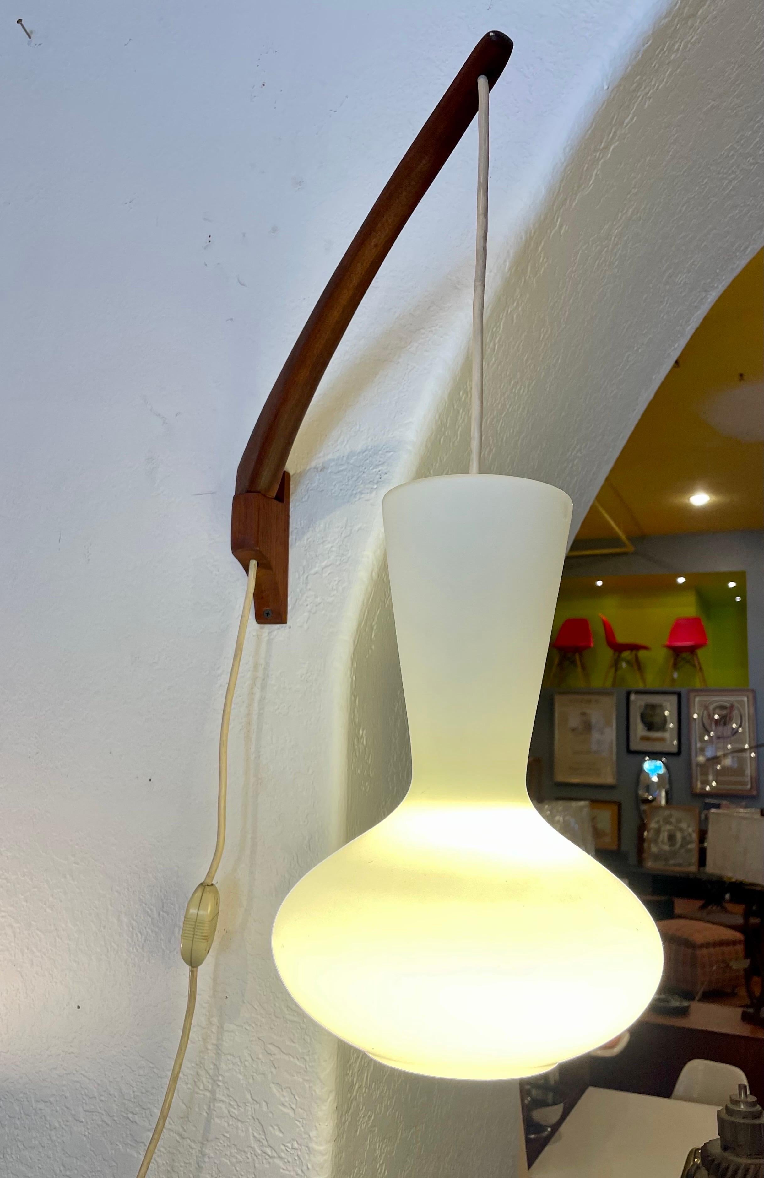20th Century Danish Modern Rare Swag Lamp Teak Arm & Glass Shade by Lisa Johansson-Pape