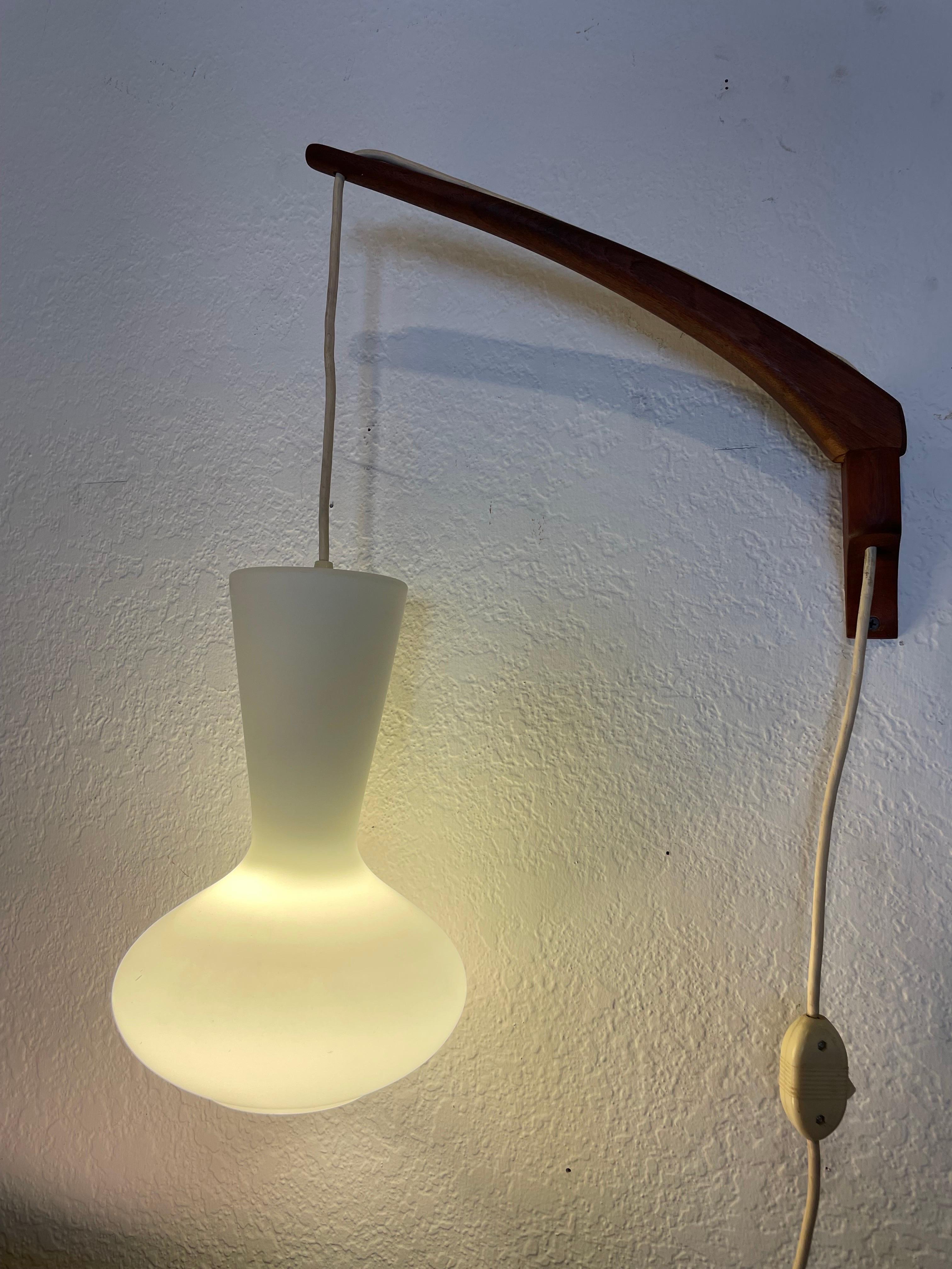 Danish Modern Rare Swag Lamp Teak Arm & Glass Shade by Lisa Johansson-Pape 3