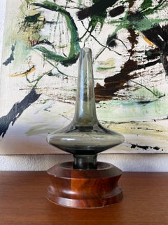 Danish Modern Rare Walnut & Smoke Glass Hurricane Lamp Candle Holder