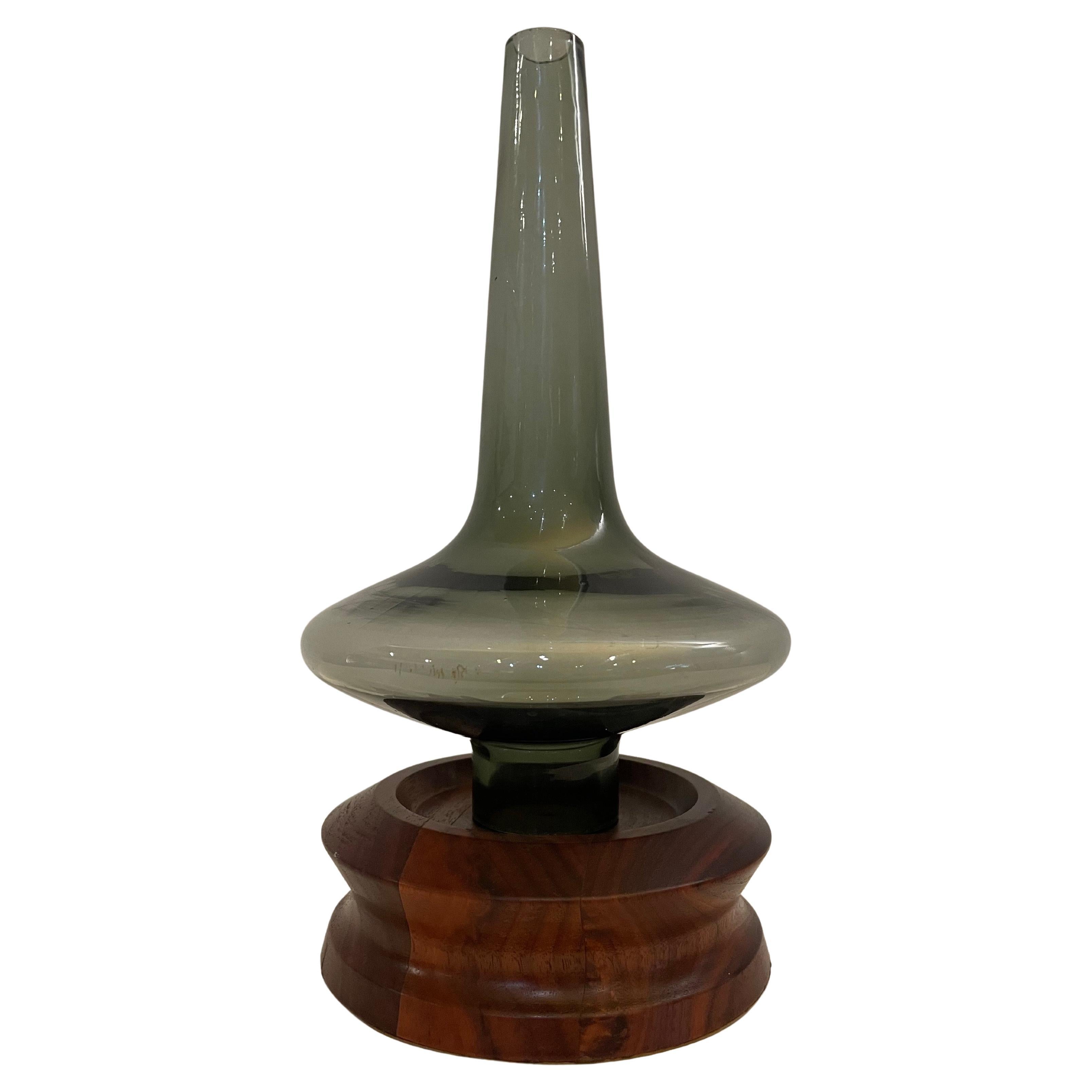 Danish Modern Rare Walnut & Smoke Glass Hurricane Lamp Candle Holder