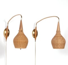 Danish Modern Rattan and Brass Adjustable Wall Sconces