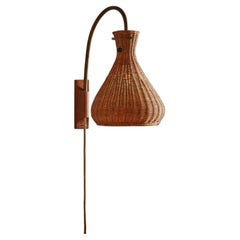 Danish Modern Rattan + Brass Pivoting Wall Light, 20th Century