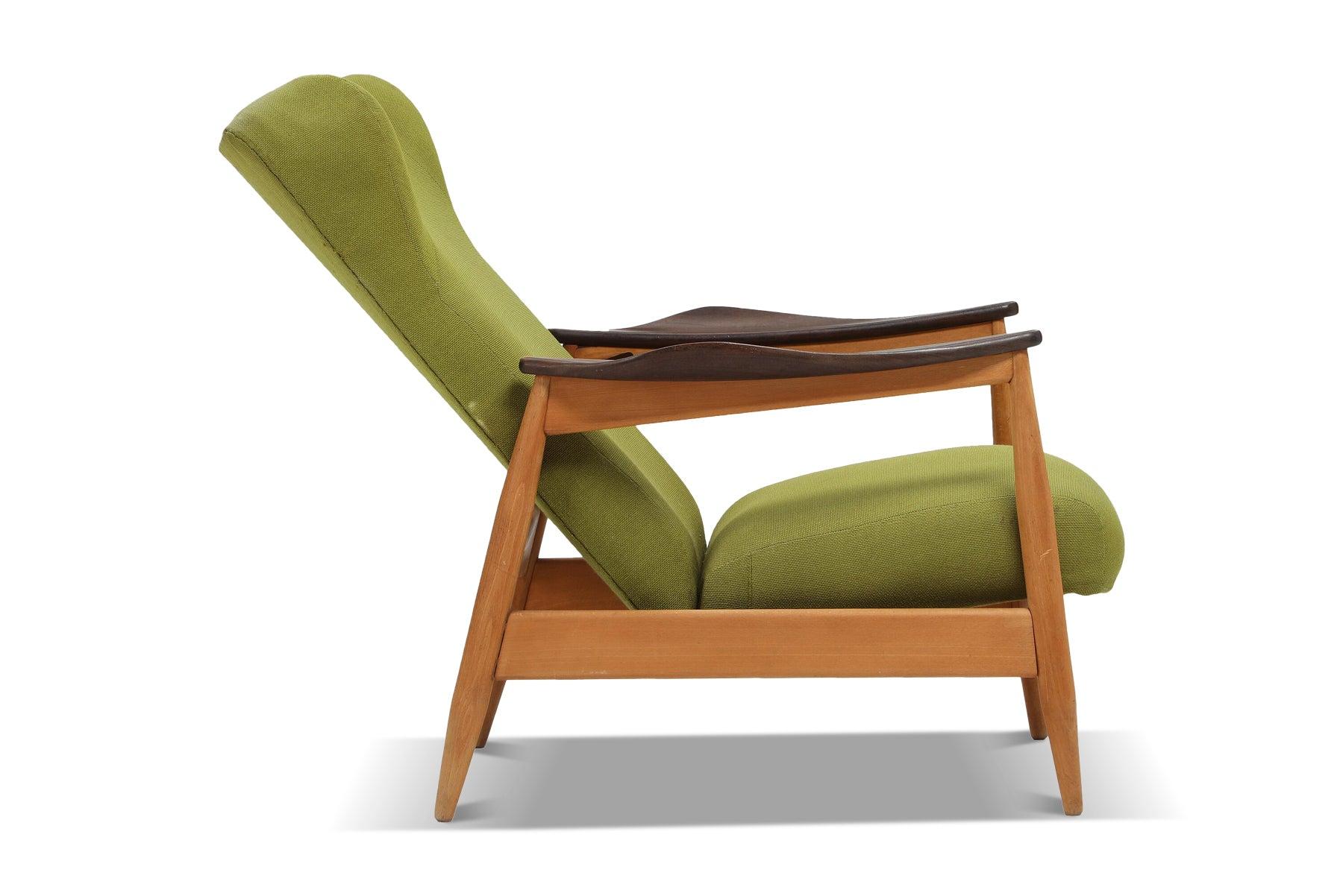 Mid-Century Modern Fauteuil de salon inclinable danois moderne en hêtre + laine verte en vente