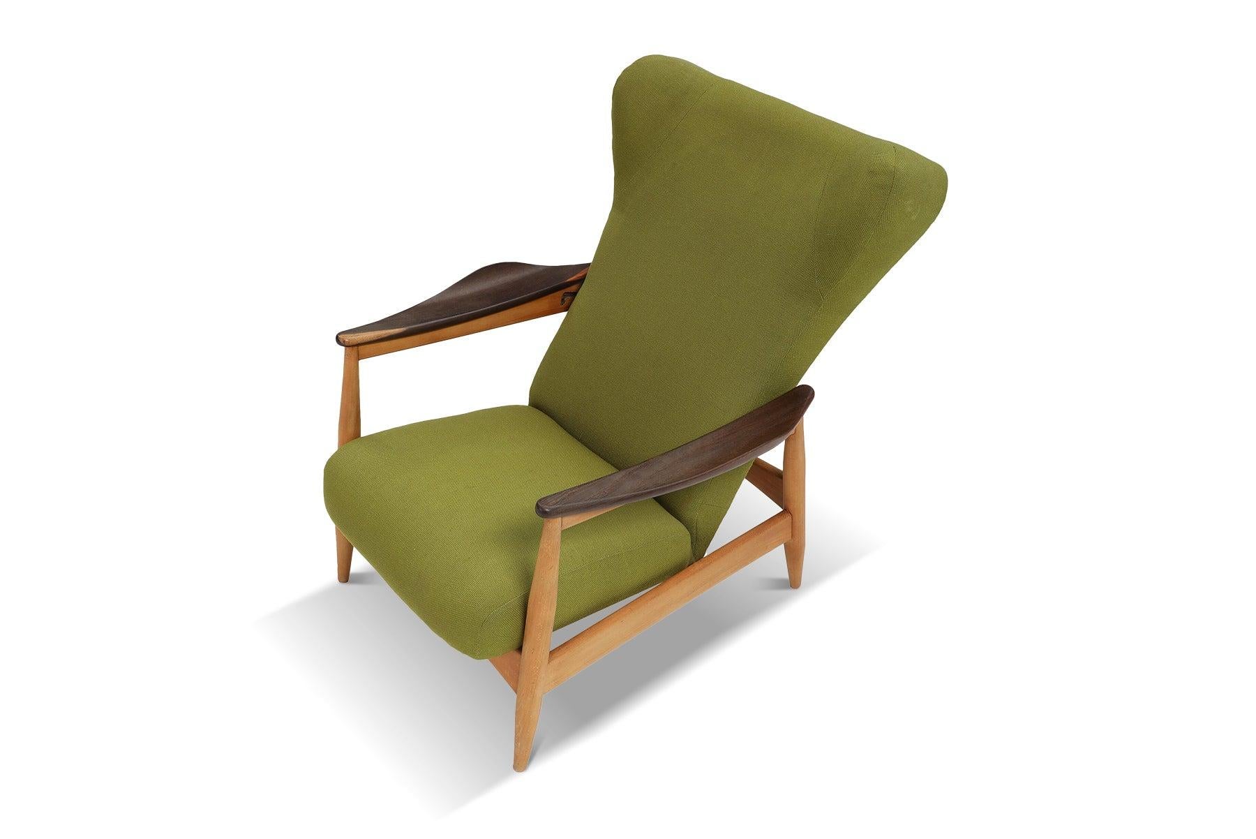 Mid-Century Modern Danish Modern Reclining Lounge Chair in Beech + Green Wool For Sale