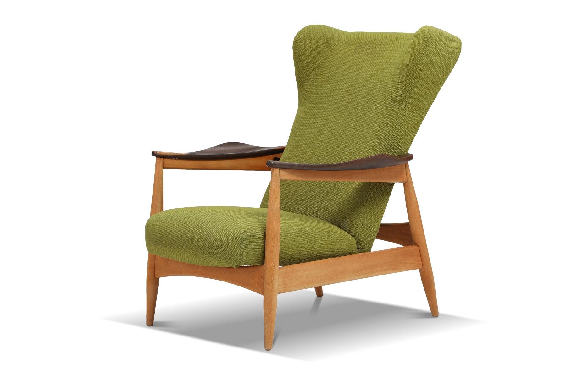 Danish Modern Reclining Lounge Chair in Beech + Green Wool In Excellent Condition For Sale In Berkeley, CA