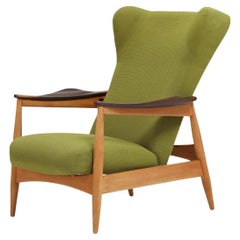 Danish Modern Reclining Lounge Chair in Beech + Green Wool