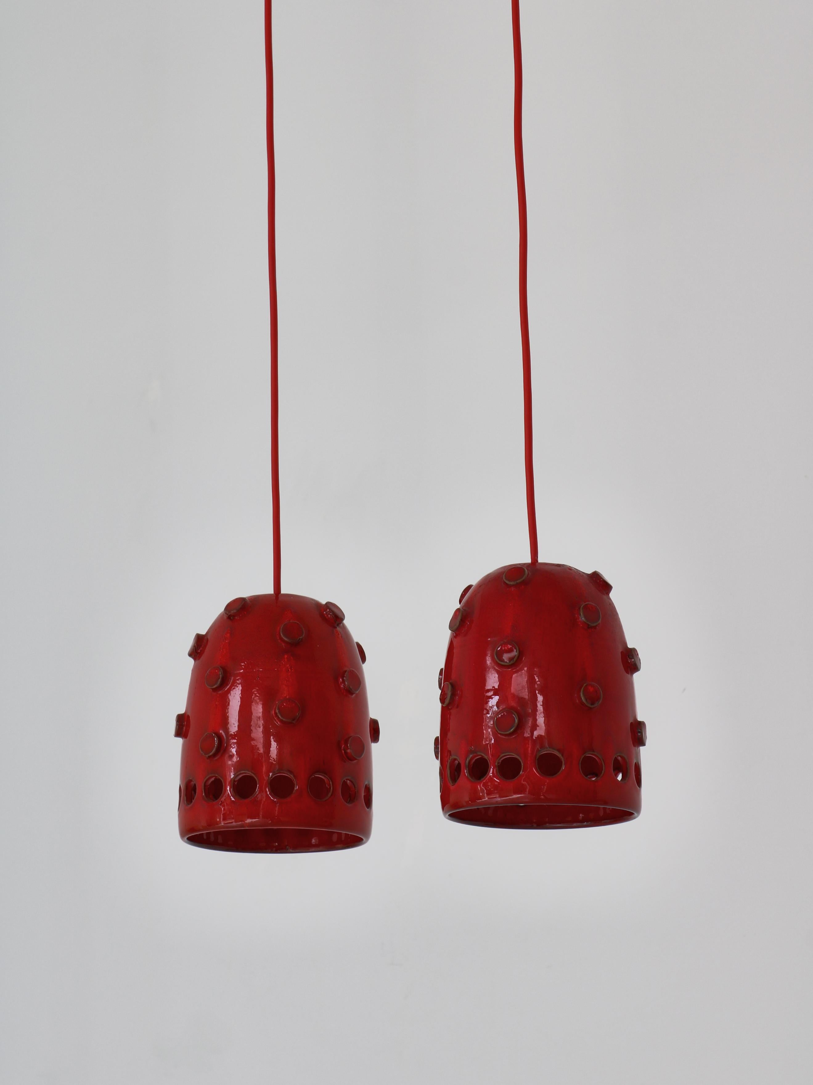 Late 20th Century Danish Modern Red Ceramics Pendants by Jette Hellerøe at Axella Studio, 1970s For Sale