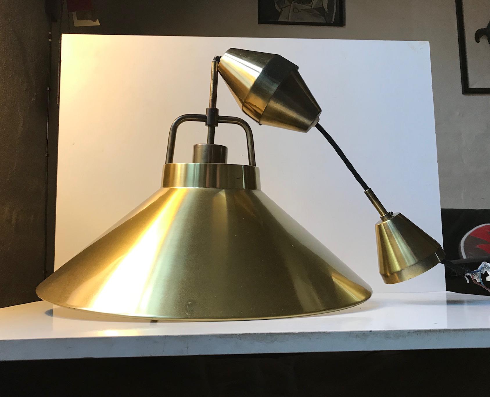 - Solid brass pendant light designed by Fritz Schlegel
- Manufactured by Lyfa in Denmark in the mid-1960s
- Brass mounting bracket with adjustable height and original matching brass canopy.
- Original porcelain fitting
- Model P 295.
 