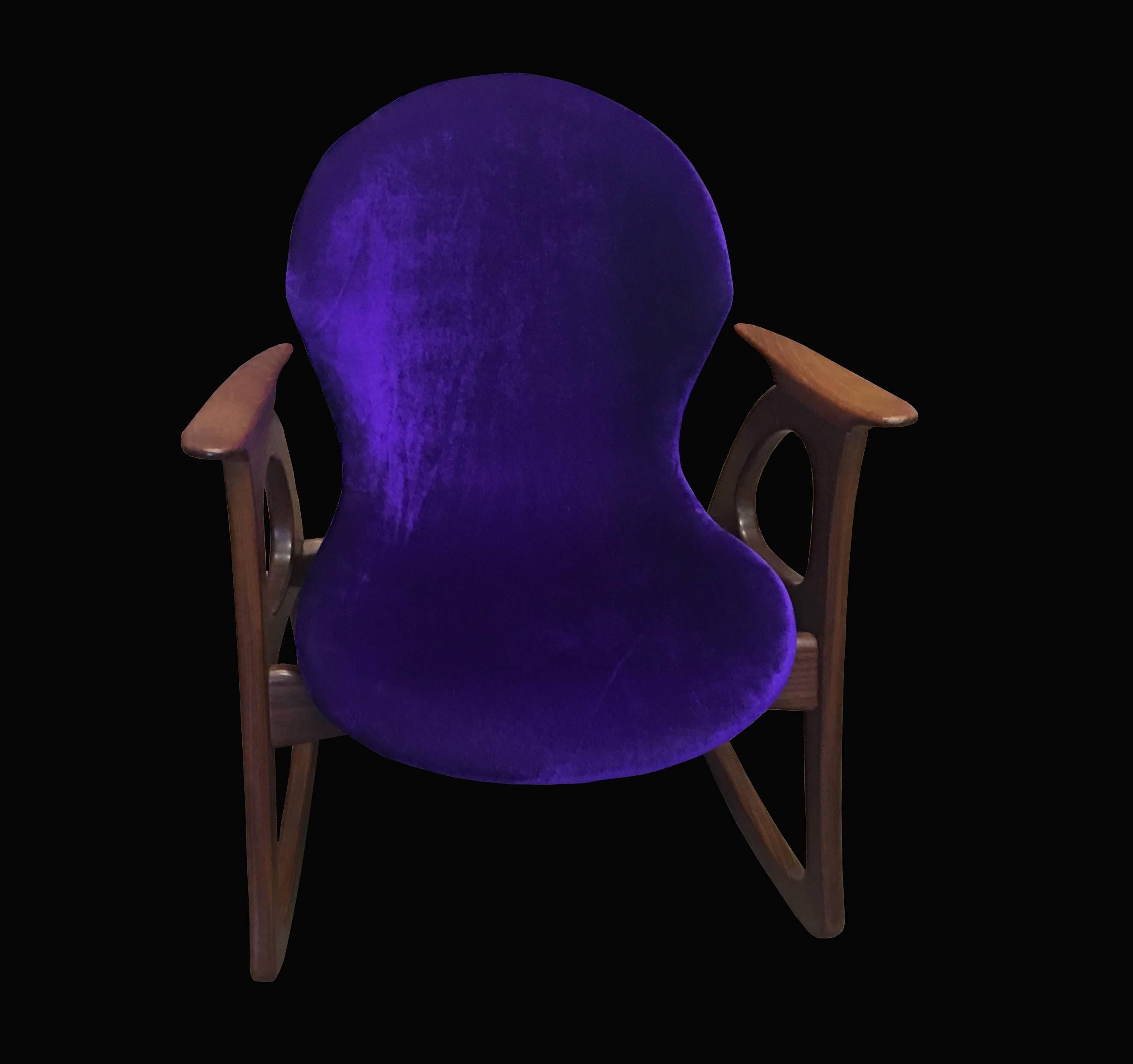 Danish modern rocking chair designed by Aage Christiansen and manufactured by Erhardsen & Andersen, superb lines, very comfortable, and great condition in rich purple velvet.