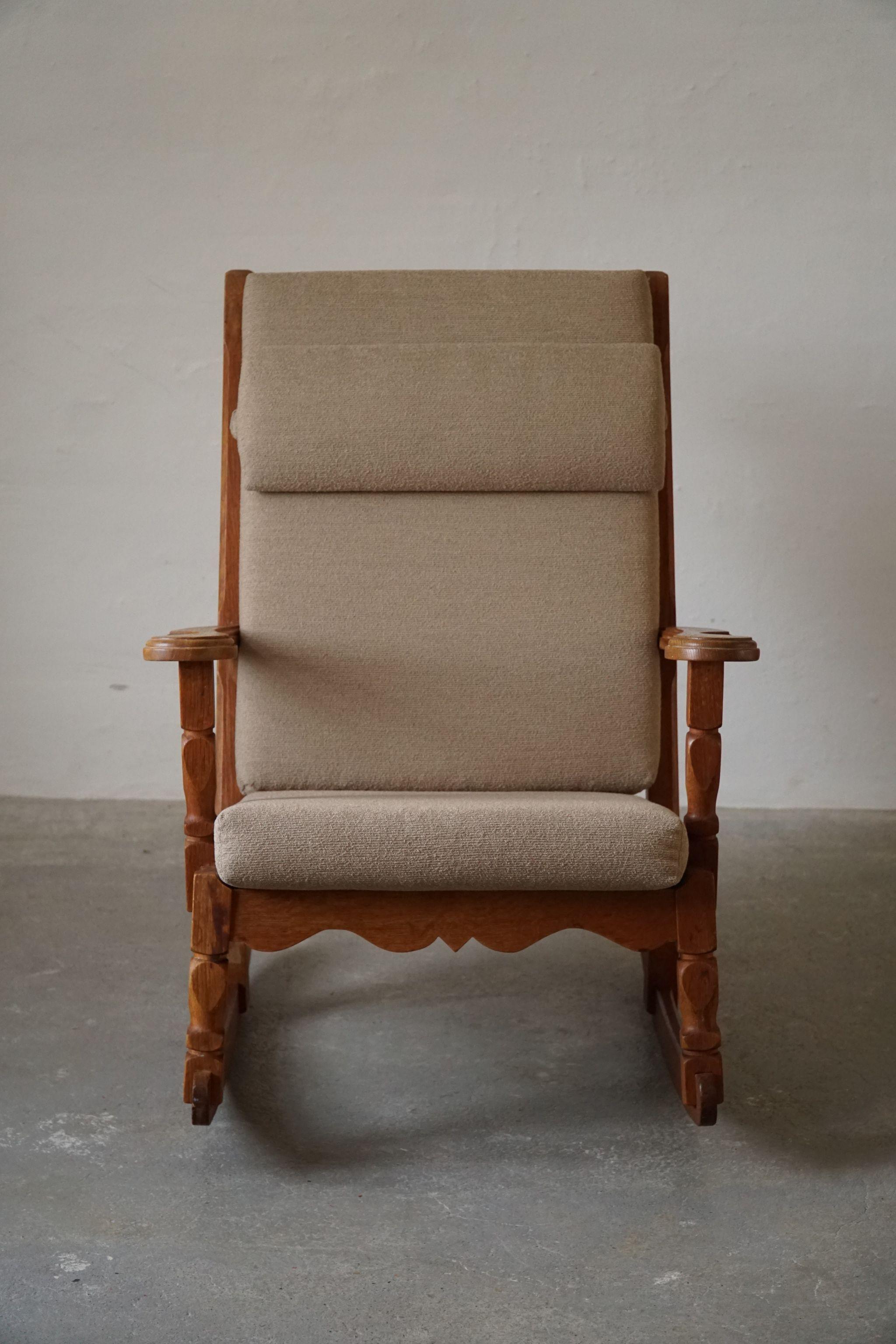 Danish Modern Rocking Chair in Solid Oak, Reupholstered, Henning Kjærnulf, 1950s 2