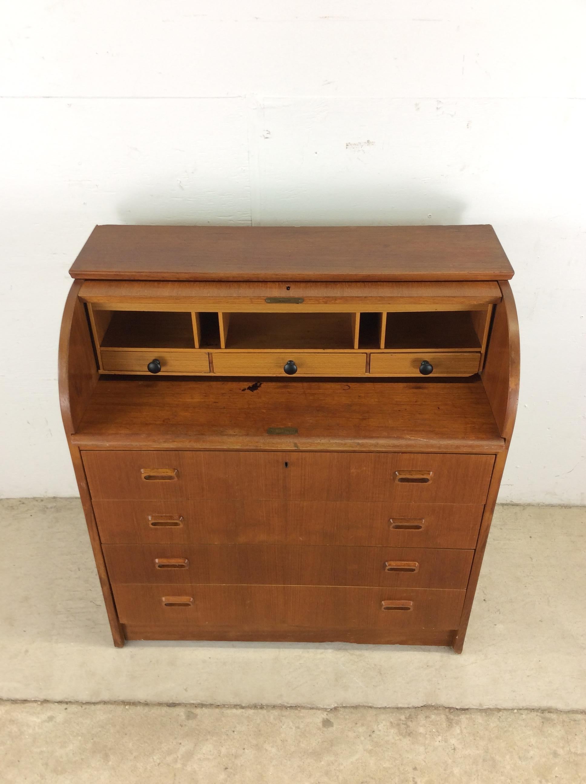 Scandinavian Modern Danish Modern Roll Top Desk with 7 Drawers For Sale