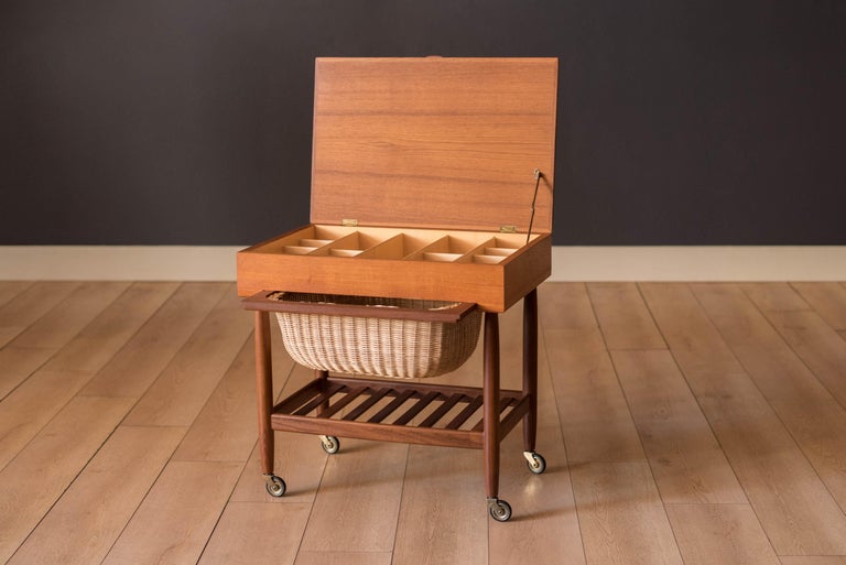 Scandinavian Modern Danish Modern Rolling Teak Sewing Cabinet End Table by Ejvind A. Johansson For Sale