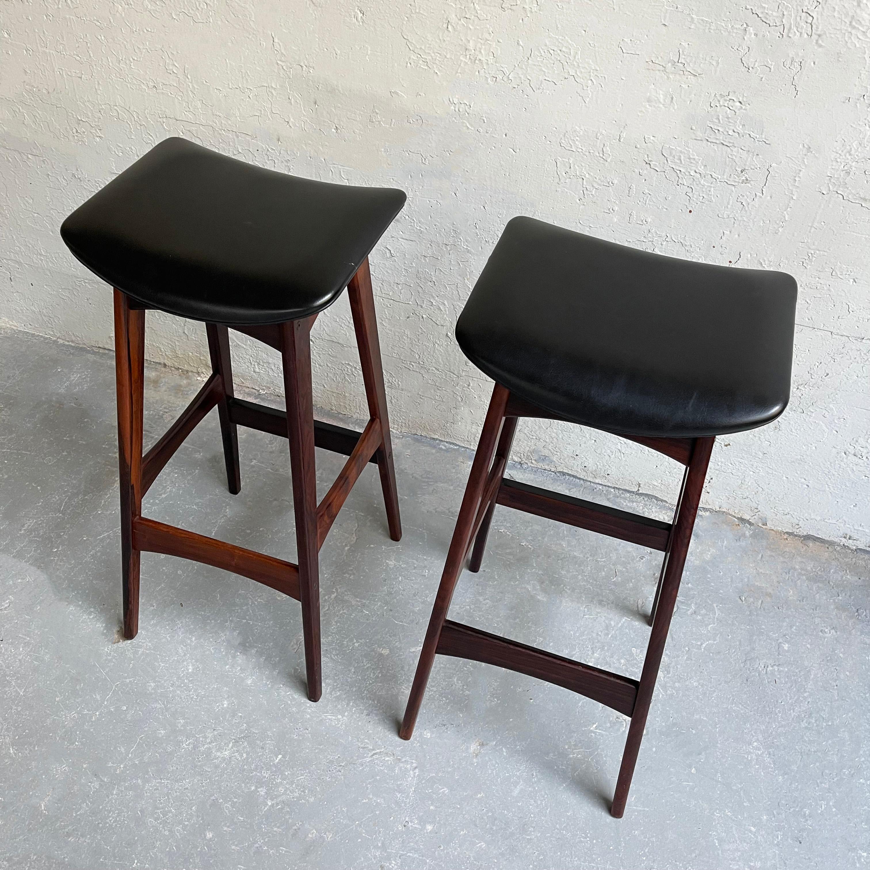 Faux Leather Danish Modern Rosewood and Vinyl Bar Stools by Johannes Andersen For Sale