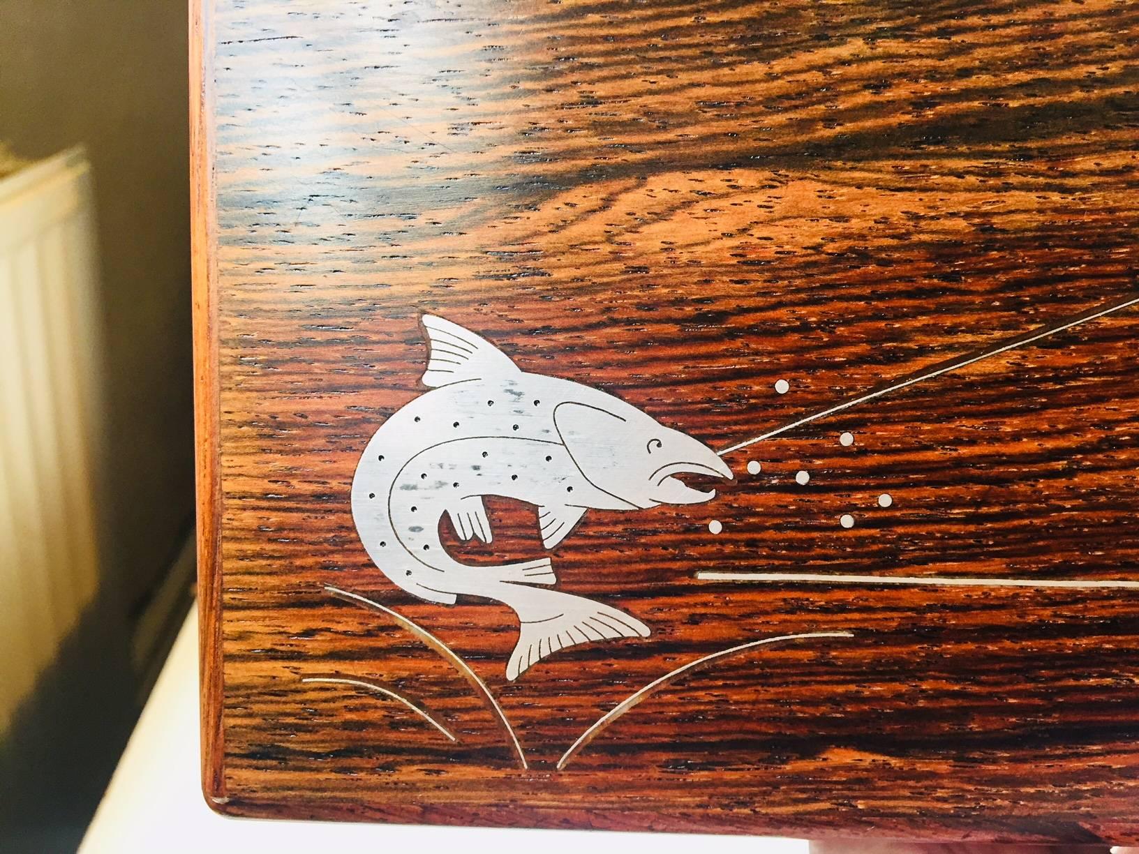 Inlay Danish Modern Box, Sterling Salmon Fishing Intarsia, Franz Hingelberg