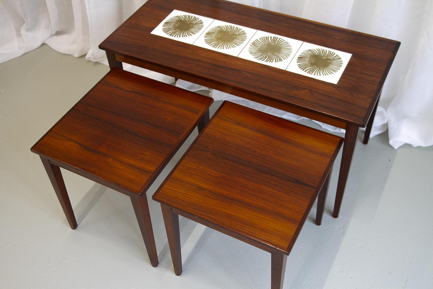 Danish Modern Rosewood & Ceramic Tile Nesting Tables, 1960s, Set of 3 For Sale 2