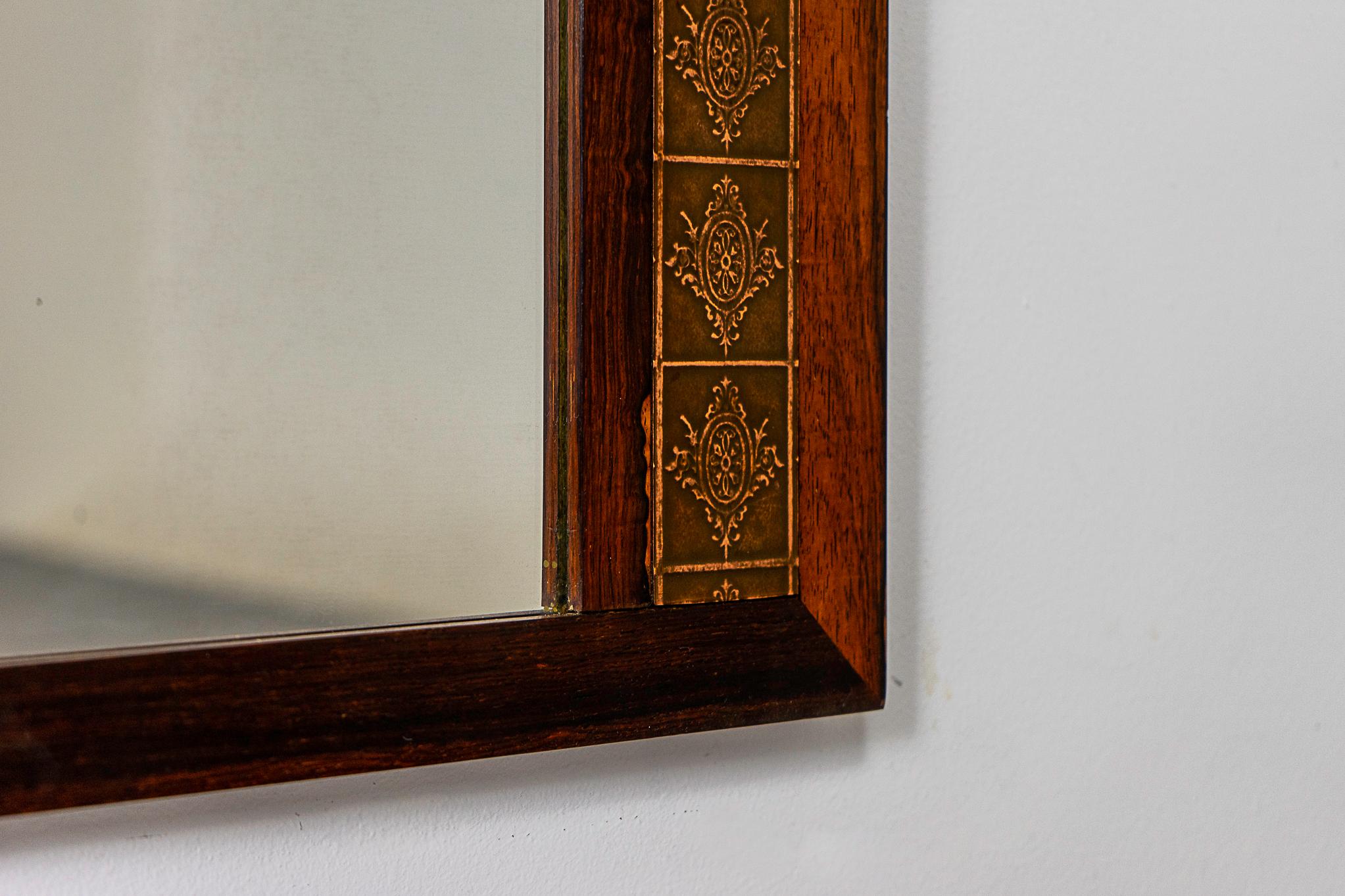 Embossed Danish Modern Rosewood & Copper Wall Mirror  For Sale