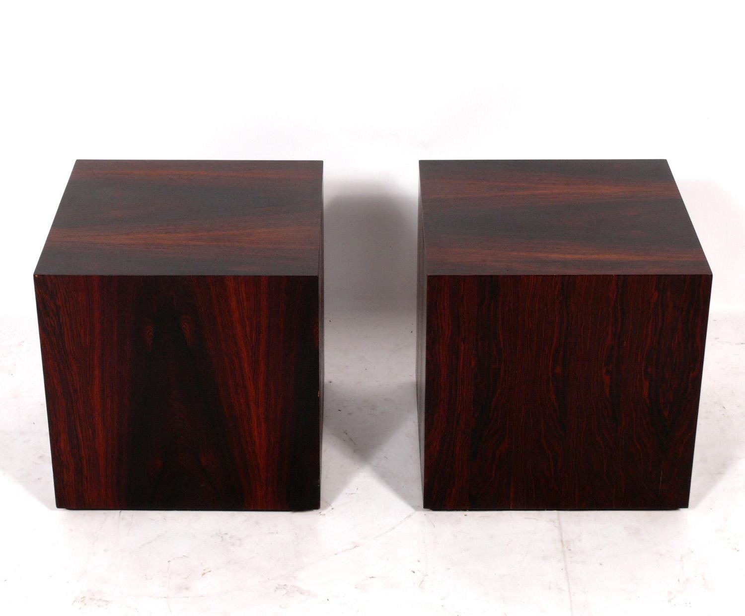 Pair of Clean Lined Danish Modern Rosewood End Tables or Stools, Denmark, circa 1960s. They are a versatile size and can be used as end or side tables, night stands, or stools. They have been cleaned and Danish oiled. 