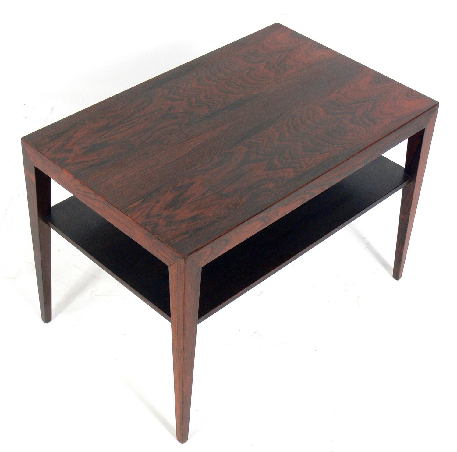Danish modern rosewood end table, designed by Severin Hansen Jr. for Haslev Møbelsnedkeri A/S, Danish, circa 1960s. It is a versatile size and can be used as a end or side table, or as a night stand. It has been cleaned and Danish oiled.