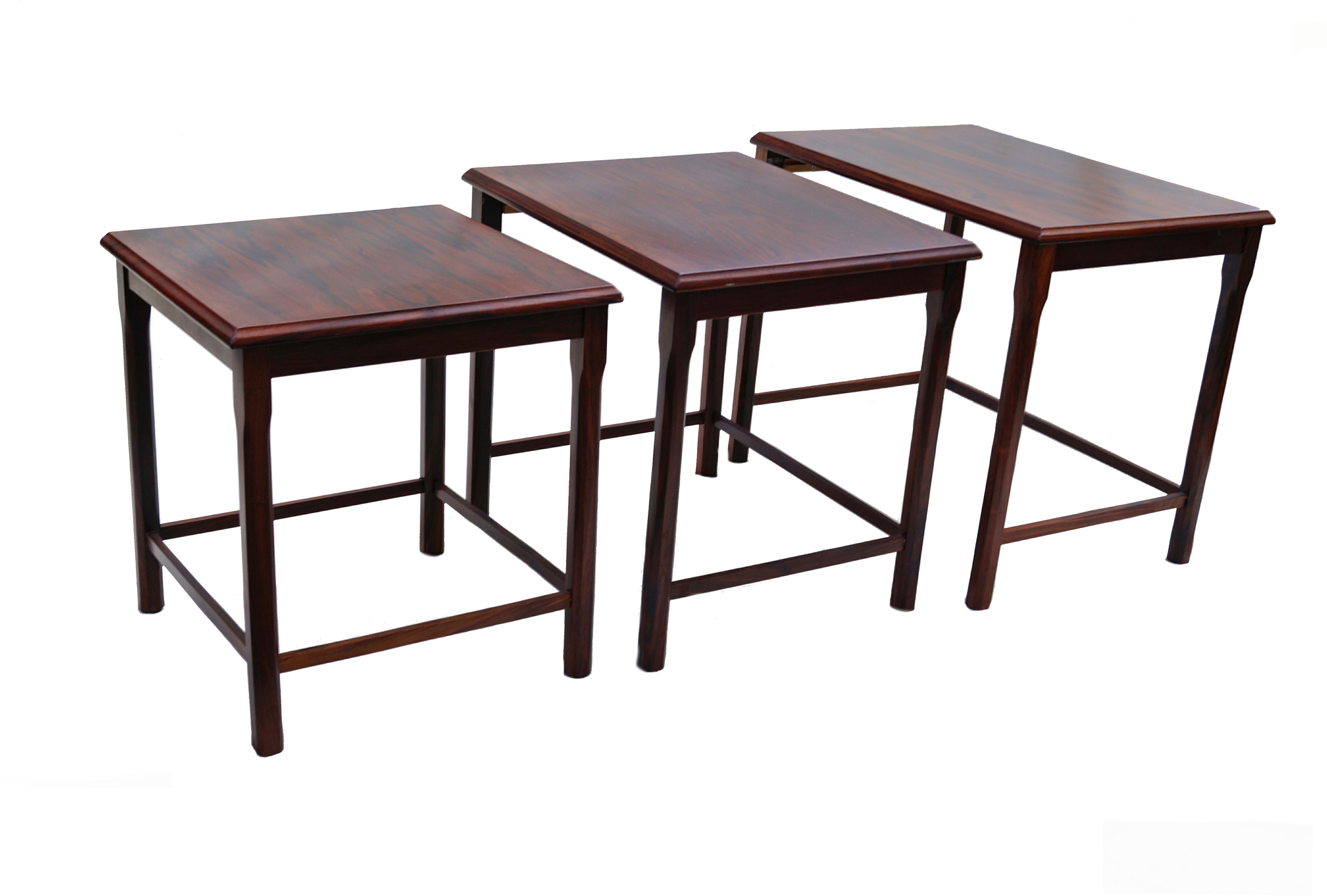 Danish rosewood nesting stackable tables by EW Bach for Mobelfabriken Toften.
The largest measures: 18 3/4