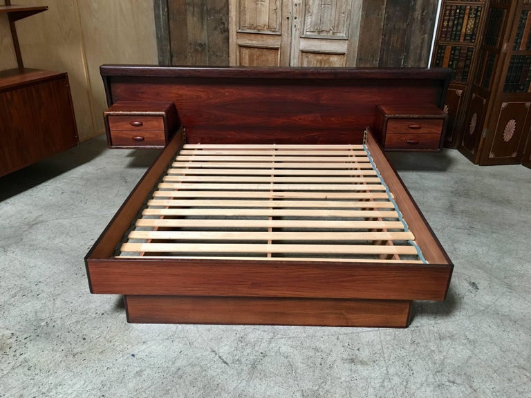 Danish Modern Rosewood Queen Size Bed with Floating Nightstands at