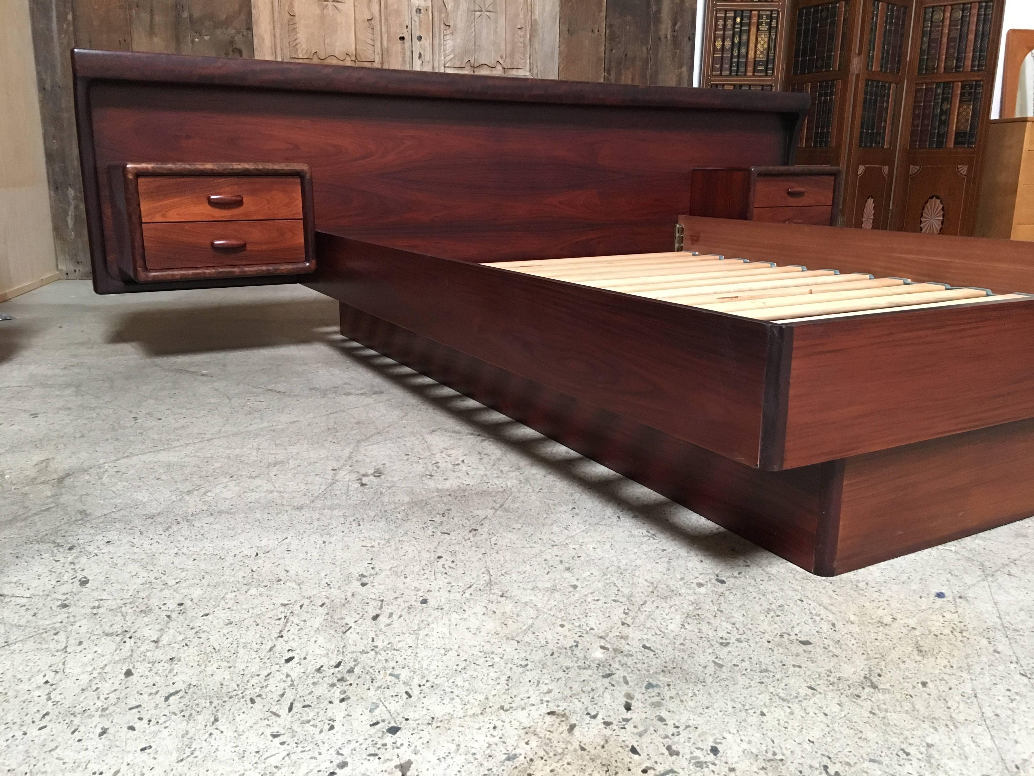 20th Century Danish Modern Rosewood Queen Size Bed with Floating Nightstands