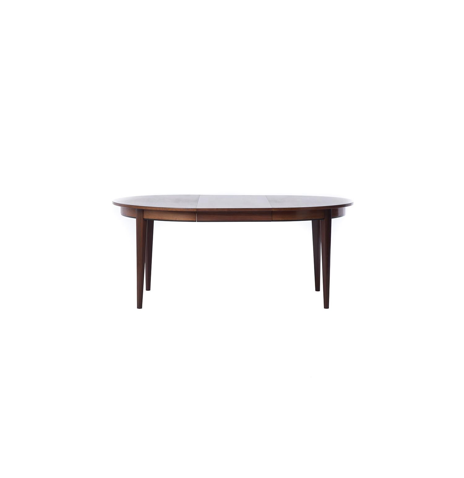 Lacquered Danish Modern Rosewood Round to Oval Dining Table with Two Leaves