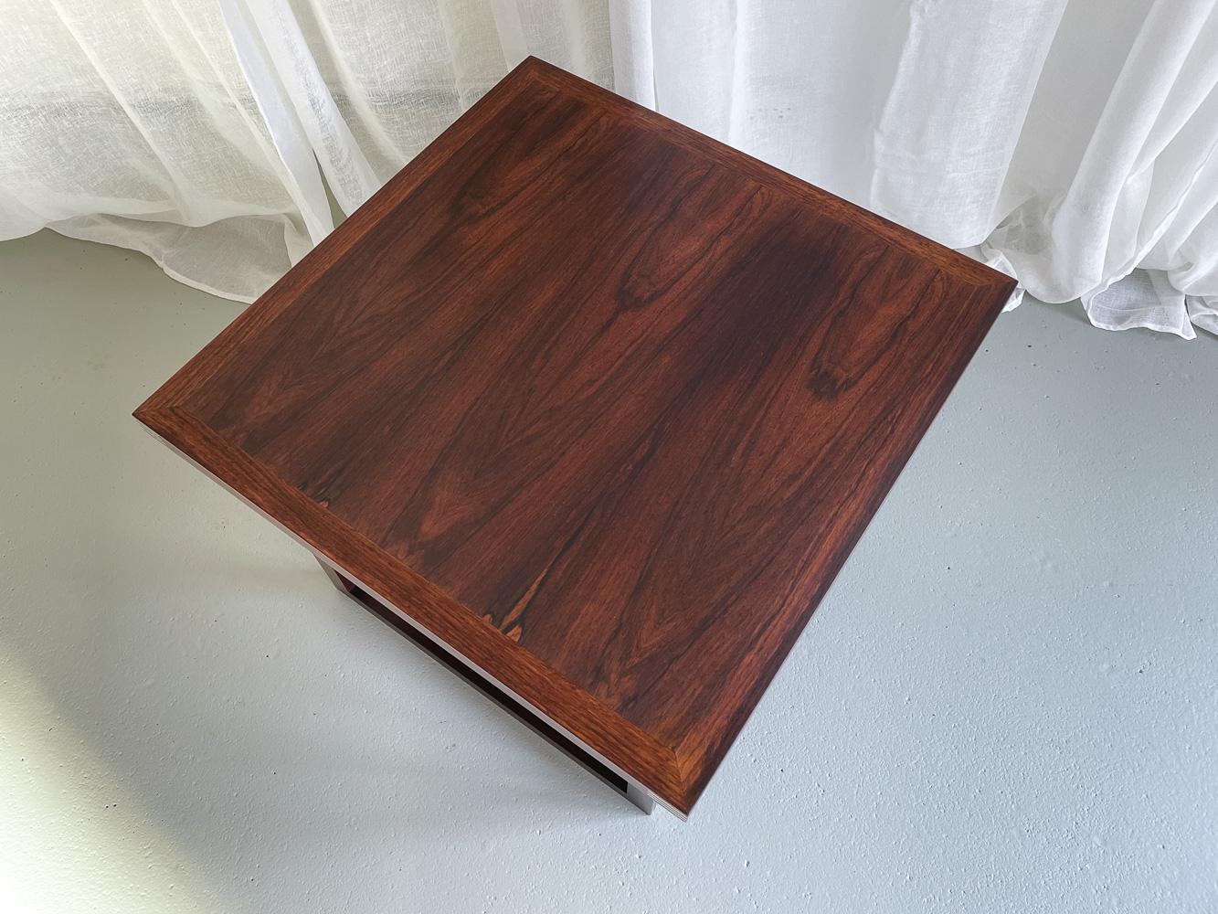 Danish Modern Rosewood Side Table by Rud Thygesen for Heltborg Møbler, 1960s.
Scandinavian Mid-Century Modern coffee or side table Model 45 in Rosewood/palisander with aluminium inlays. Designed by architect Rud Thygesen for Heltborg Møbler,