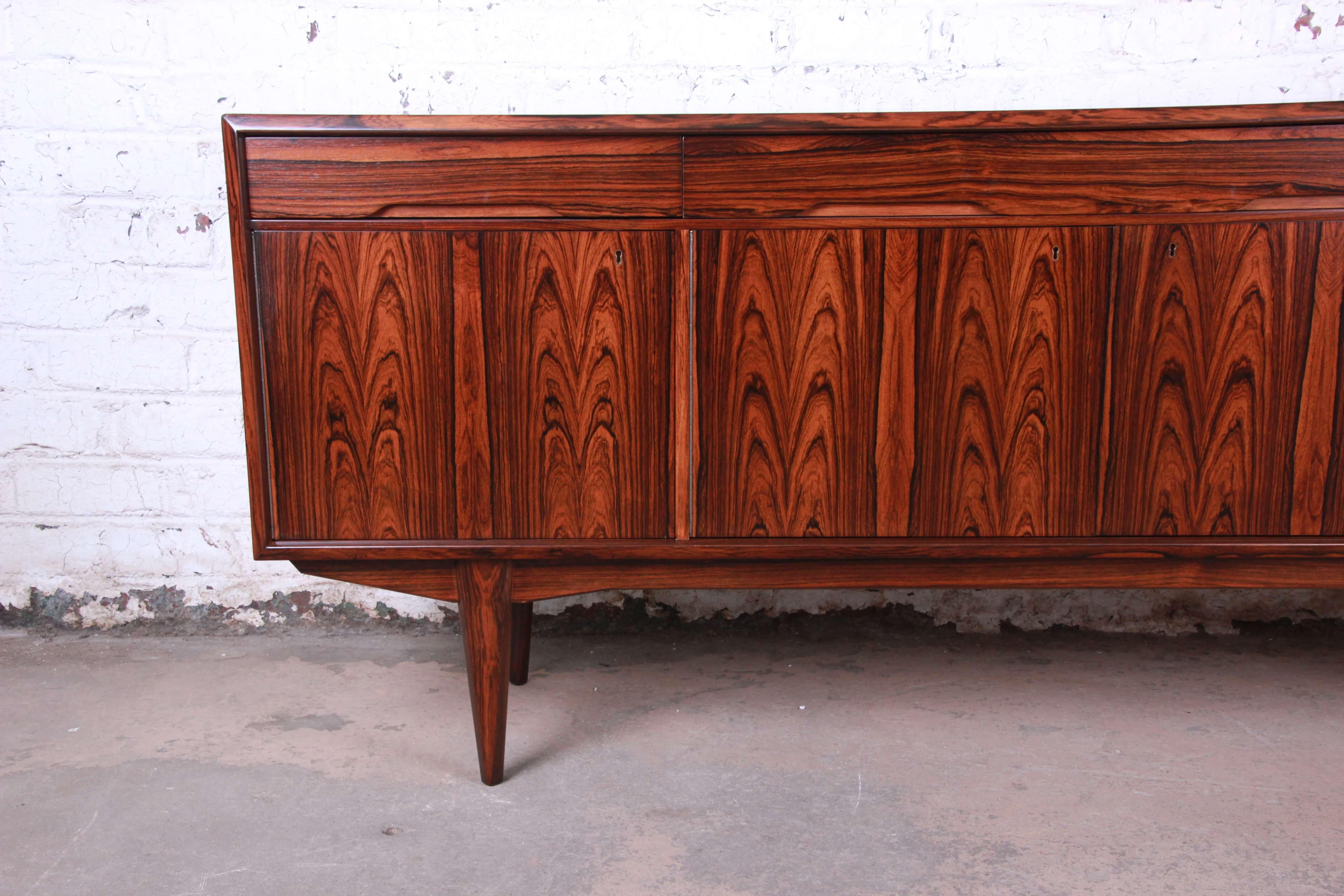 Danish Modern Rosewood Sideboard Credenza, Newly Refinished In Good Condition In South Bend, IN