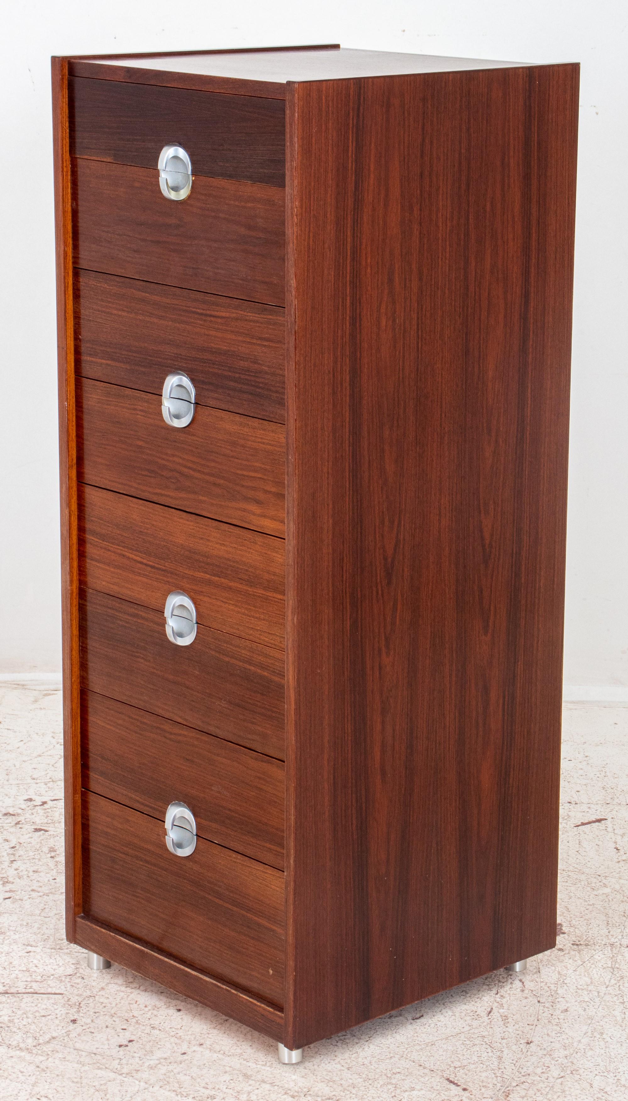 Heltborg Mobler Danish Modern standing chest. Here are the details:

Manufacturer: Heltborg Mobler
Style: Danish Modern
Material: Rosewood-veneered mahogany
Features:
Eight drawers
Brushed steel pulls
Brushed steel columnar legs
Dimensions:
Height
