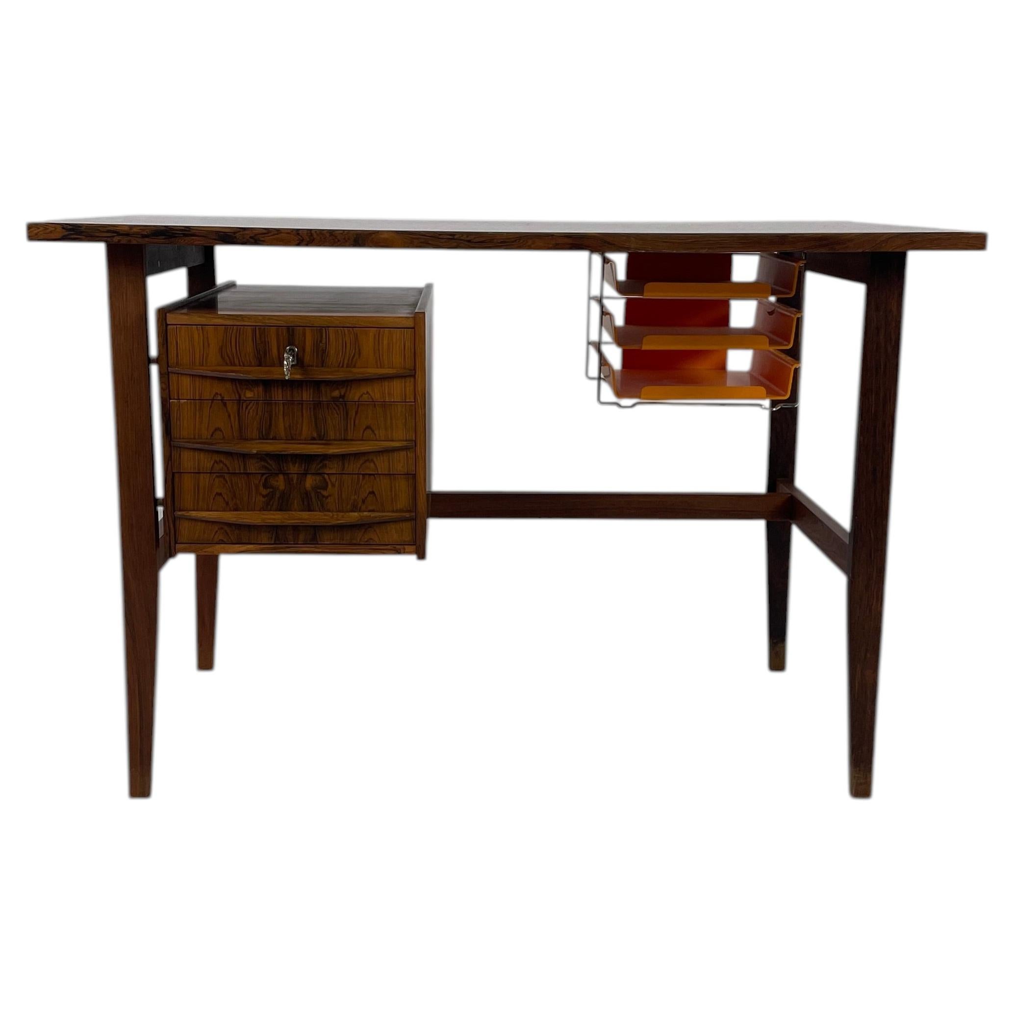 Danish Modern Rosewood Writing Desk with Locking Drawer and Document Trays For Sale