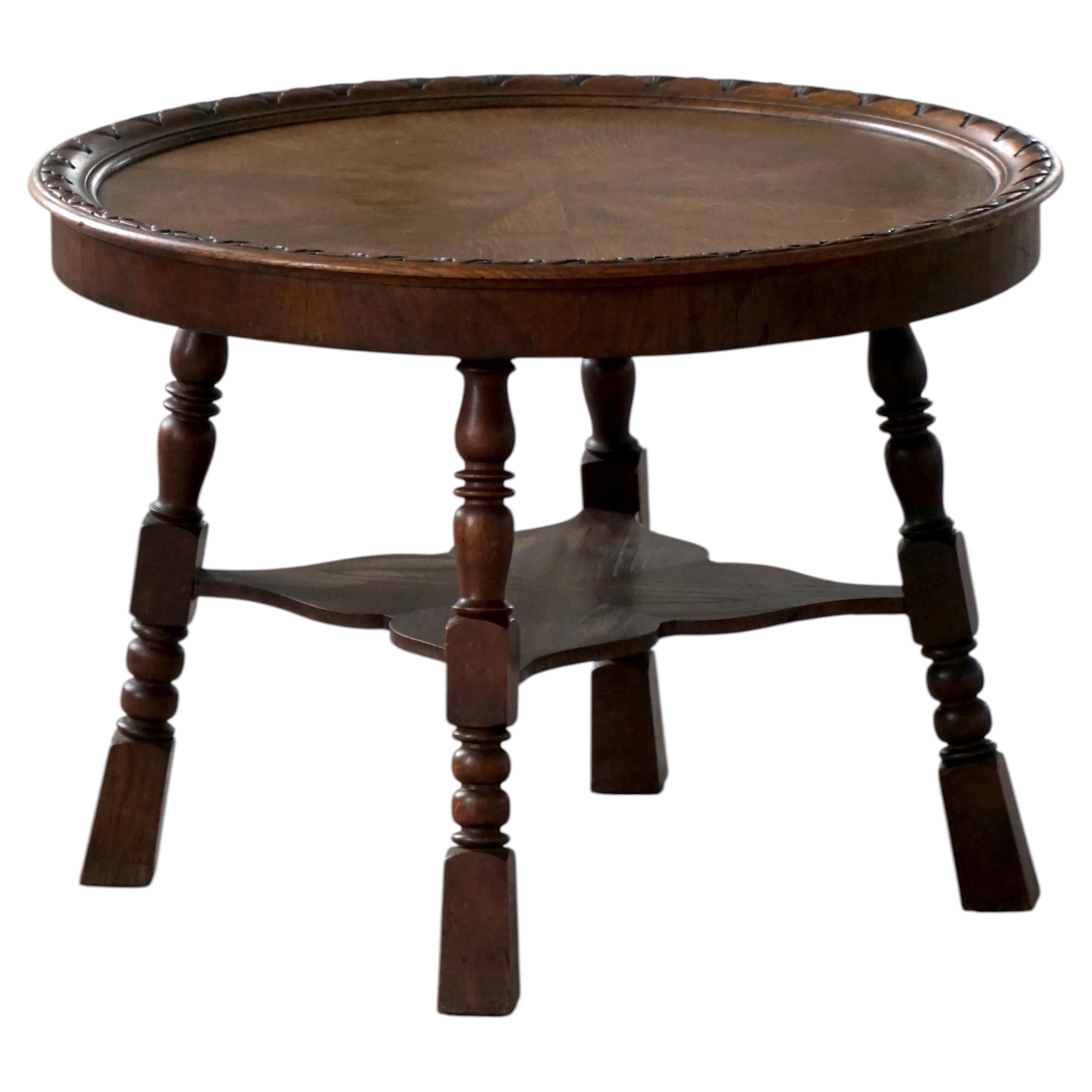 Danish Modern, Round Baroque Style Side Table in Oak, Mid 20th Century