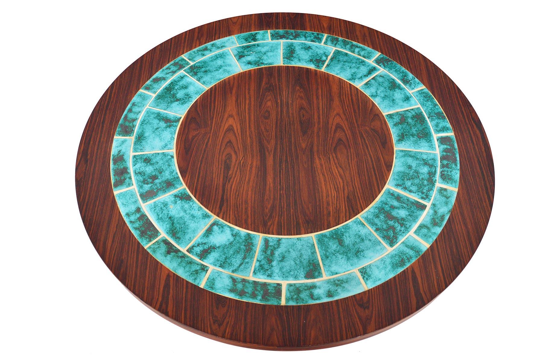 Space Age Danish Modern Round Rosewood and Turquoise Tile Coffee Table