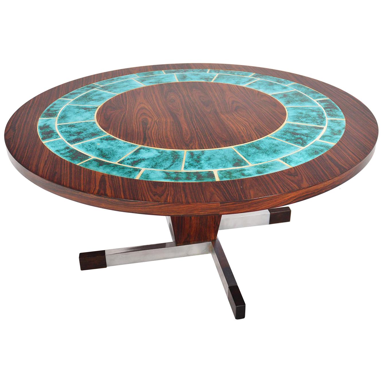 Danish Modern Round Rosewood and Turquoise Tile Coffee Table