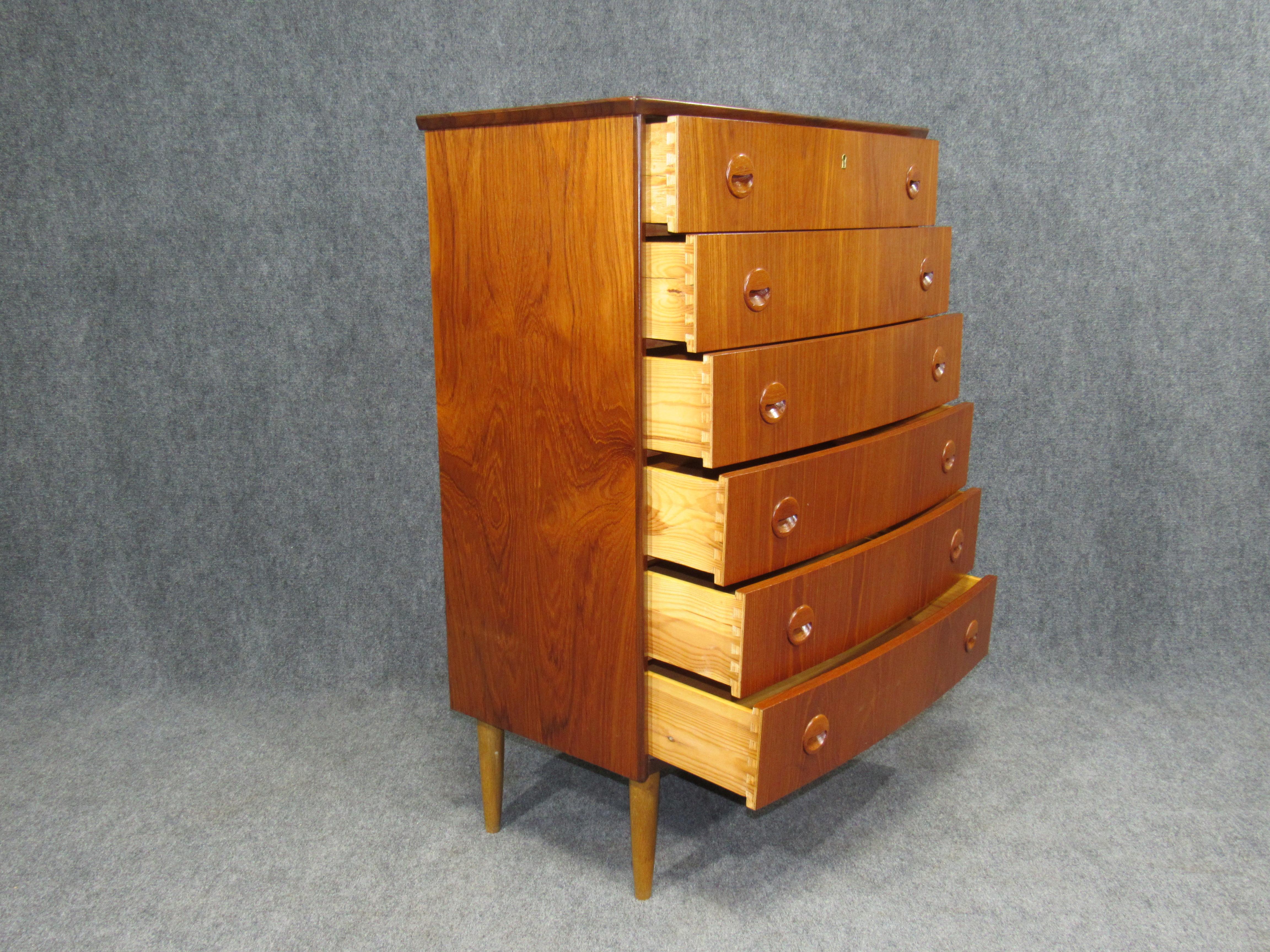 Danish Modern Rounded Front Teak Chest of Drawers with Drawer Lock Key 1