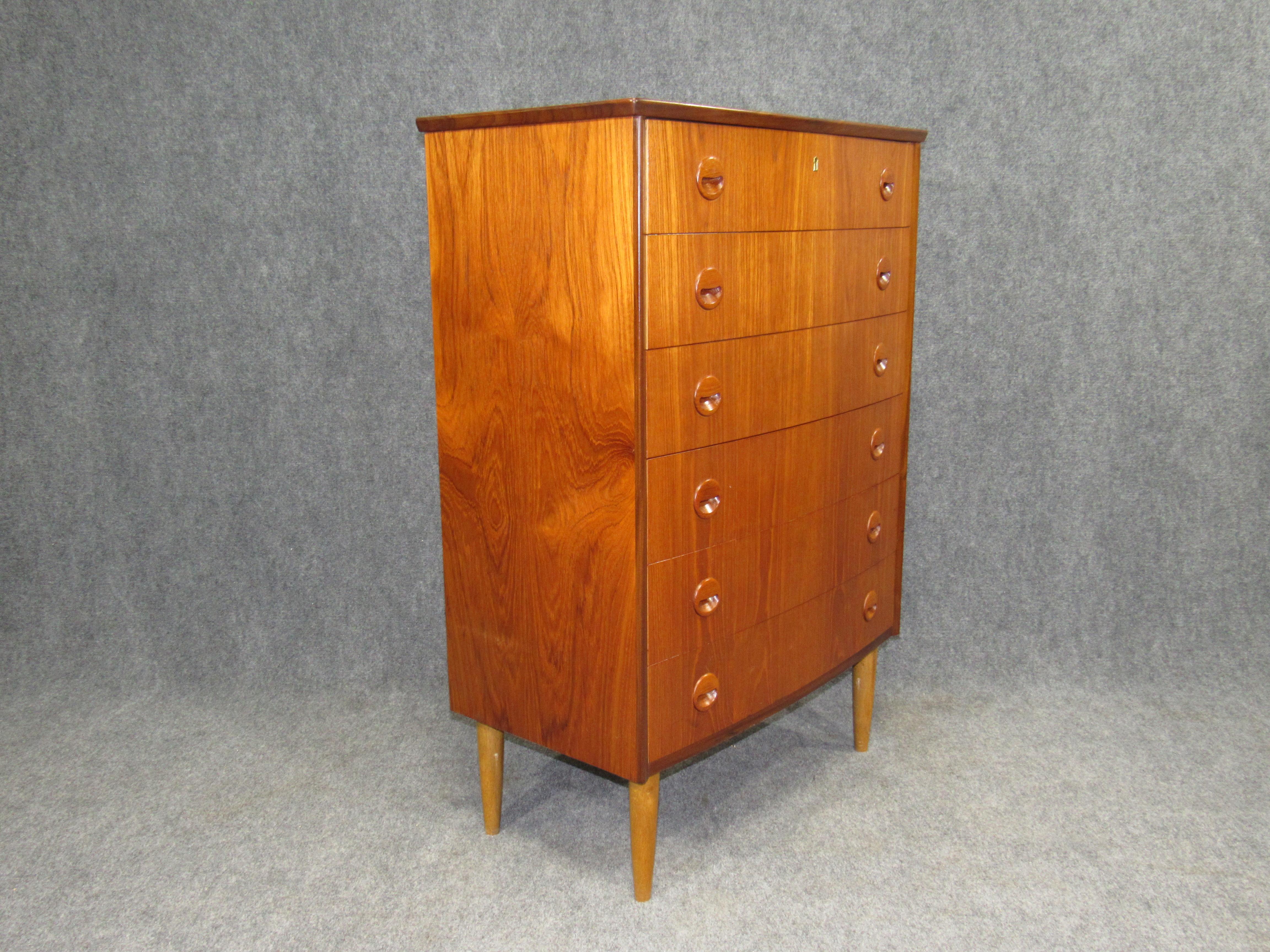 Danish Modern Rounded Front Teak Chest of Drawers with Drawer Lock Key 2