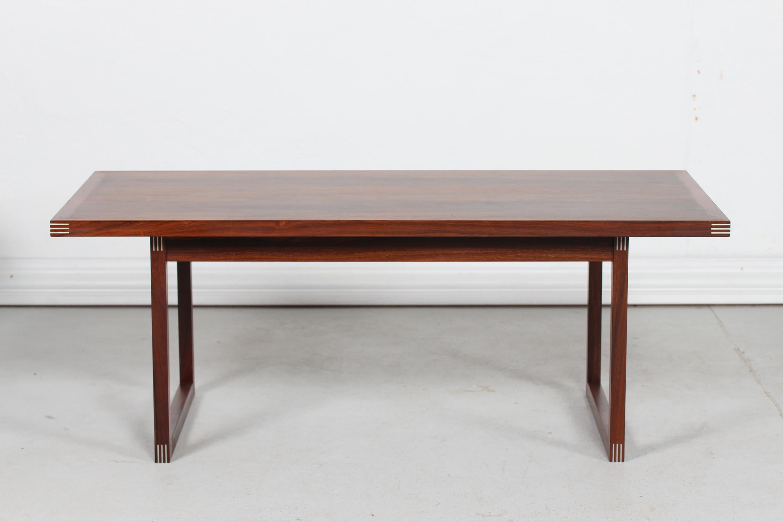 Danish Modern Rud Thygesen Sleigh Leg Coffee Table of Rosewood with Inlaid Metal In Good Condition In Silkeborg, Silkeborg