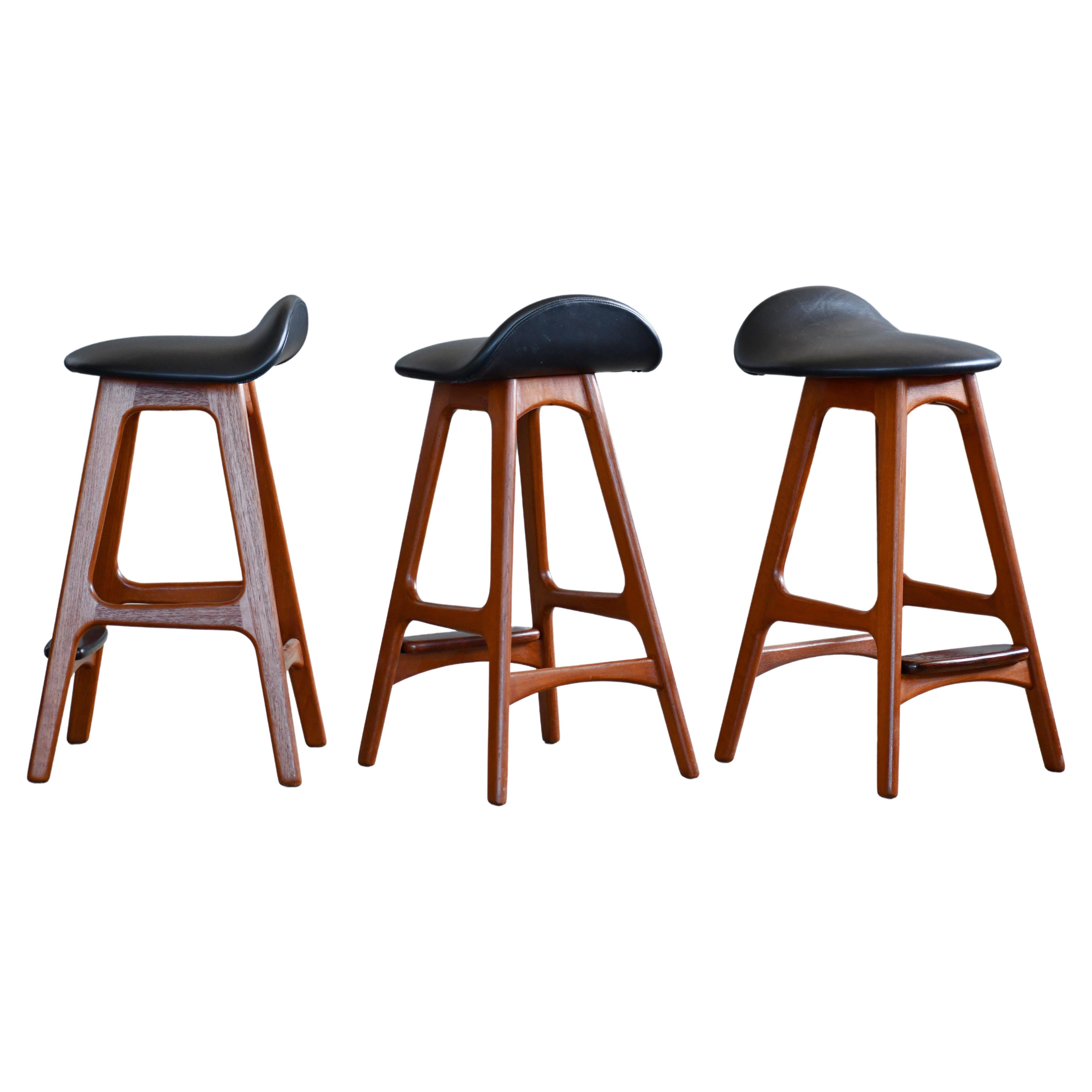 Danish Modern Sculpted Teak & Leather Bar Stools by Erik Buch for Oddense