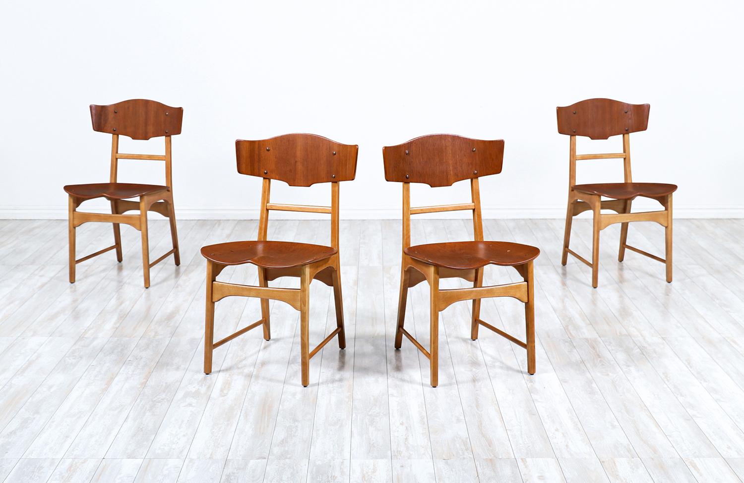 Danish modern sculpted teak & oak dining chairs.

________________________________________

Transforming a piece of Mid-Century Modern furniture is like bringing history back to life, and we take this journey with passion and precision. With over 17