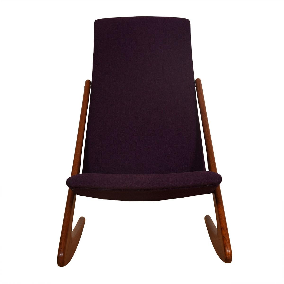 In the style of designer Vladimir Kagan, this chair is designed for minimalism and comfort in nearly any space. This sleek rocker features a pair of teak wood “sickle” frames that support (with original brass hardware) the ergonomically designed