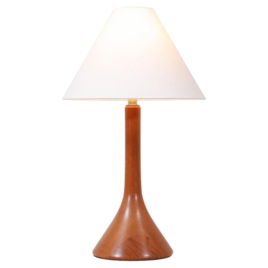 Expertly Restored - Danish Modern Sculpted Teak Table Lamp with Cone Linen Shade