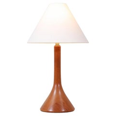 Expertly Restored - Danish Modern Sculpted Teak Table Lamp with Cone Linen Shade