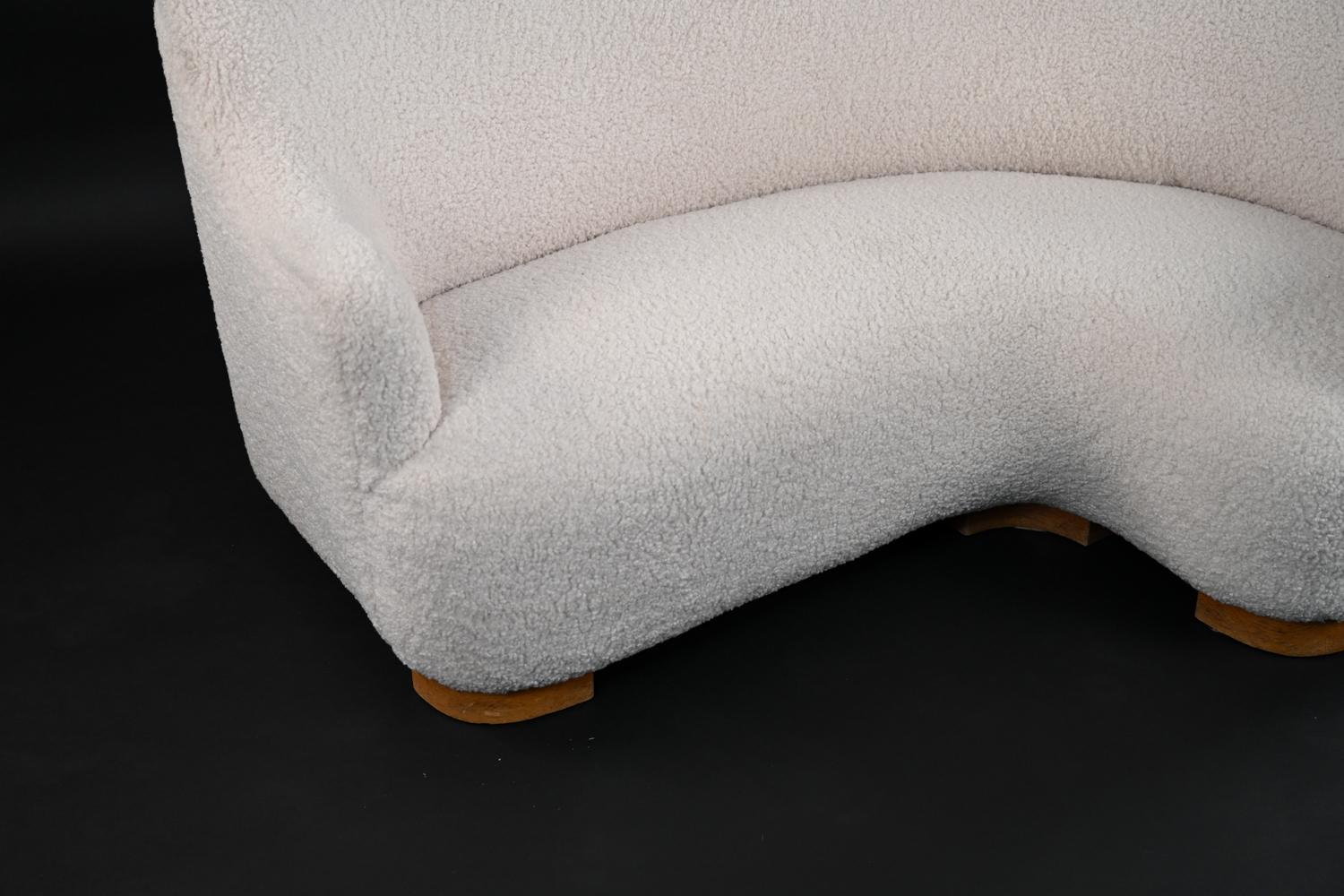 Fabric Danish Modern Sculptural Curved Sofa in Faux Shearling